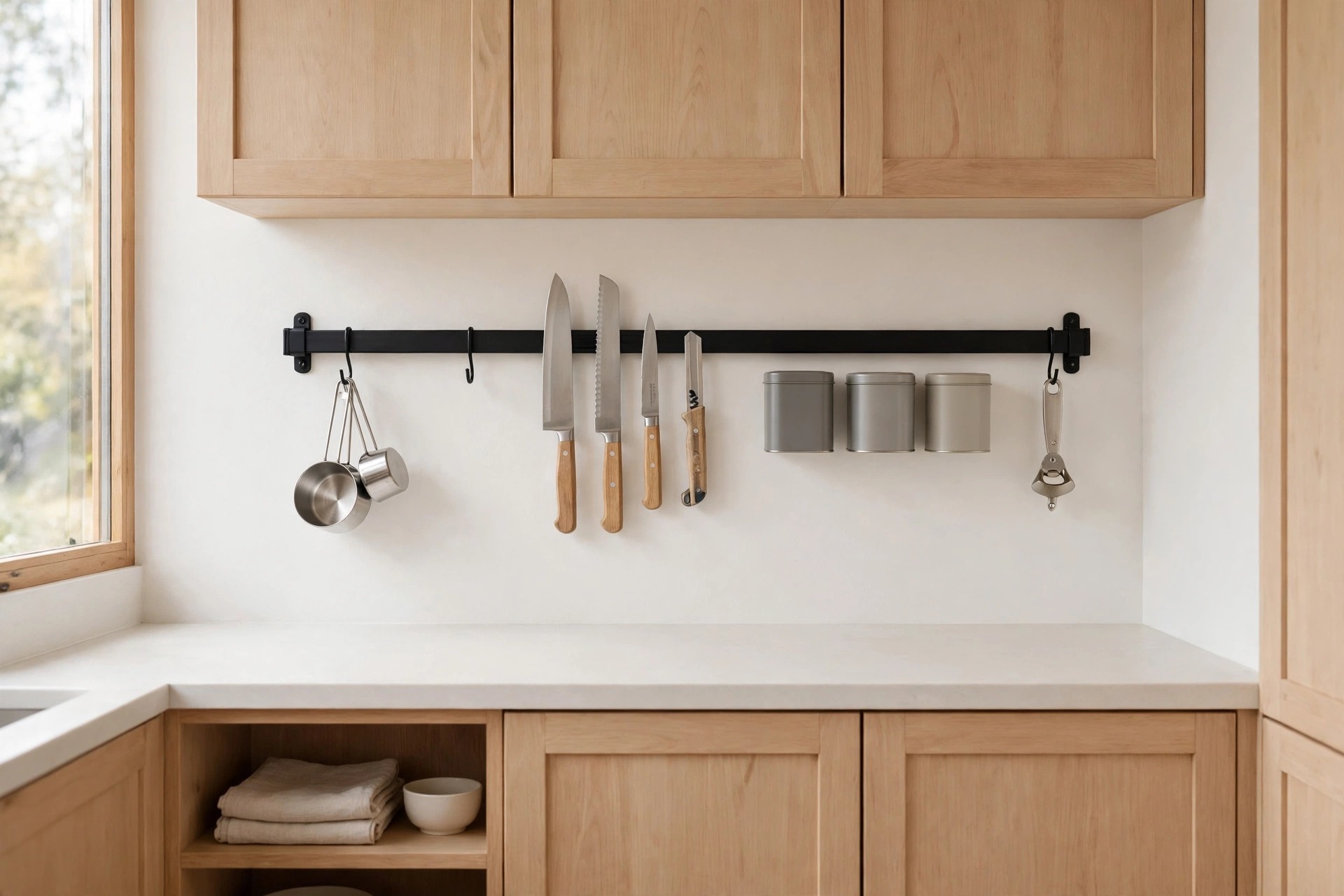 Long black rail with hooks at both ends holding measuring cups and a bottle opener, with knives and metal tins in the flat middle section