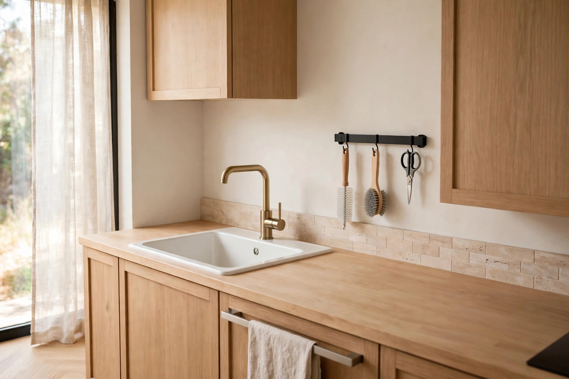 Short black rail on the wall beside a white sink and brass faucet, holding a bottle brush, a scrub brush and scissors