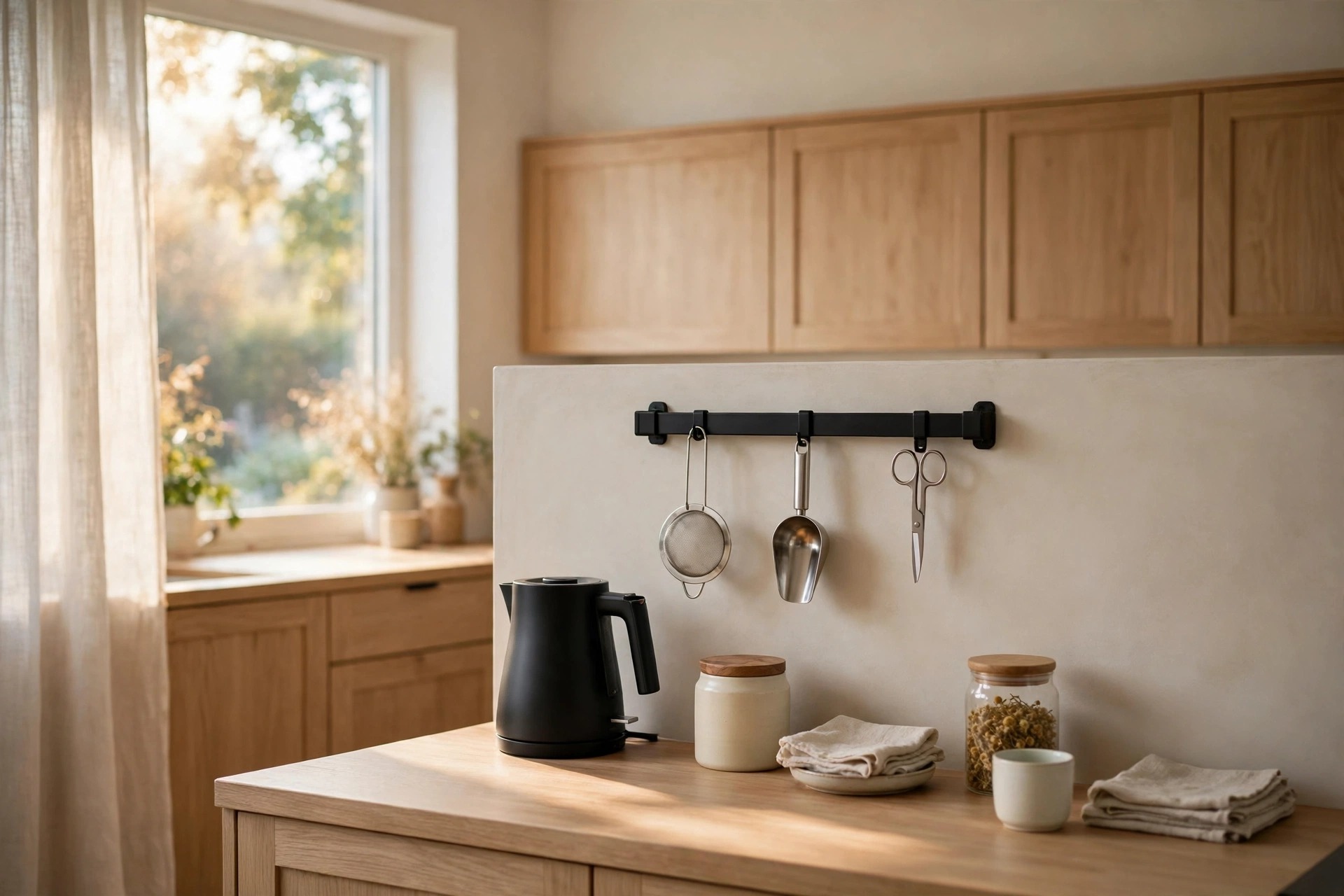 Black rail above a kettle corner holding a tea strainer, a metal scoop and scissors, with a kettle, jars and a cup on the counter below