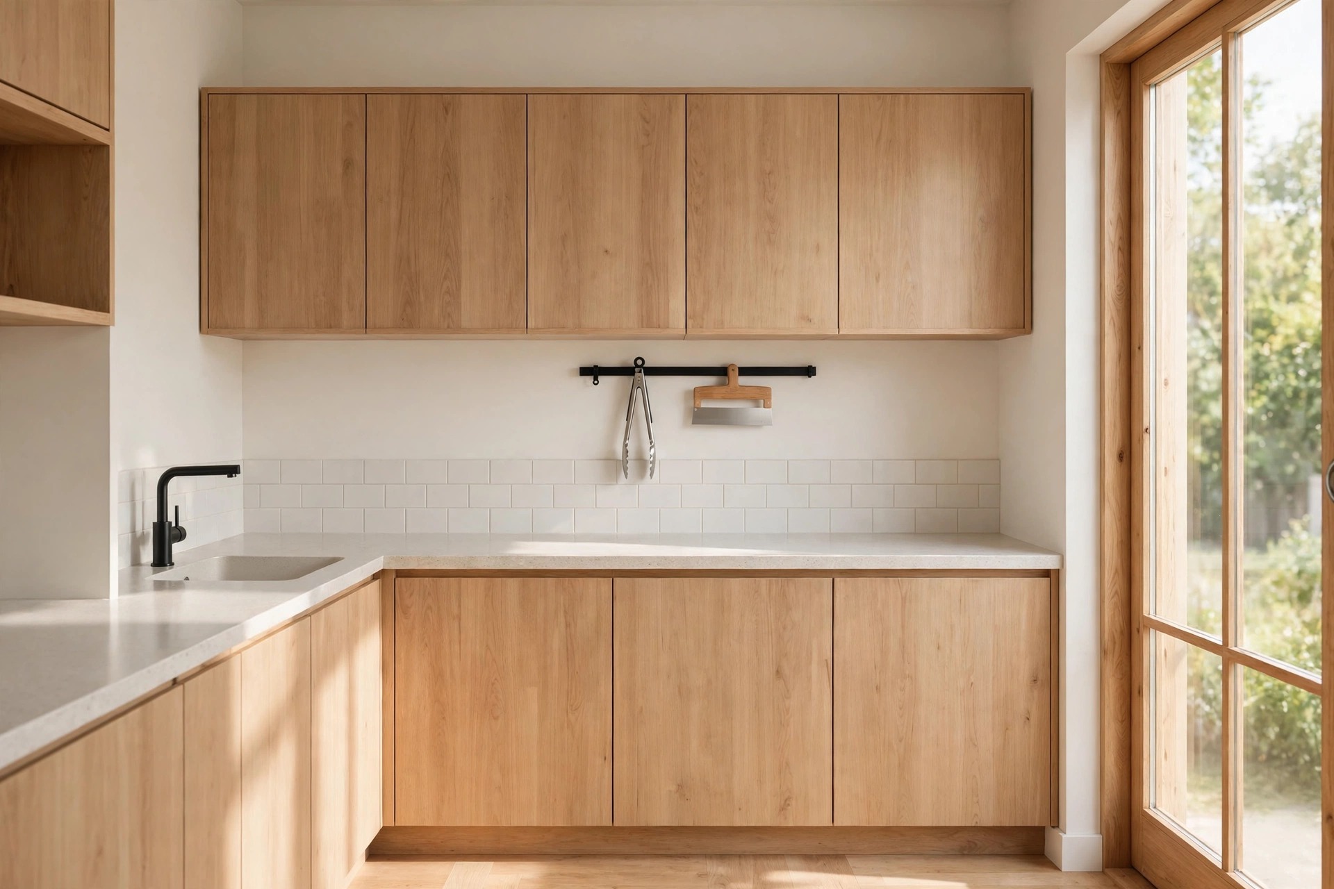 Slim black rail fixed just under light wood wall cabinets, holding tongs and a bench scraper above a white counter