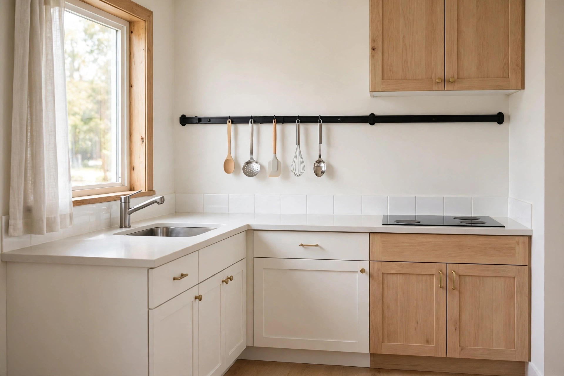 Long black rail on a smooth white wall in a bright small rental kitchen, holding light utensils in a neat row above the counter