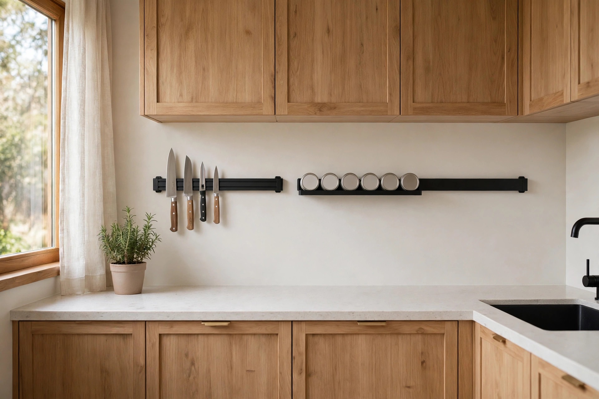 Two separate black rails on one wall, the left rail holding four knives and the right rail holding six spice tins, with clear empty space left on each rail