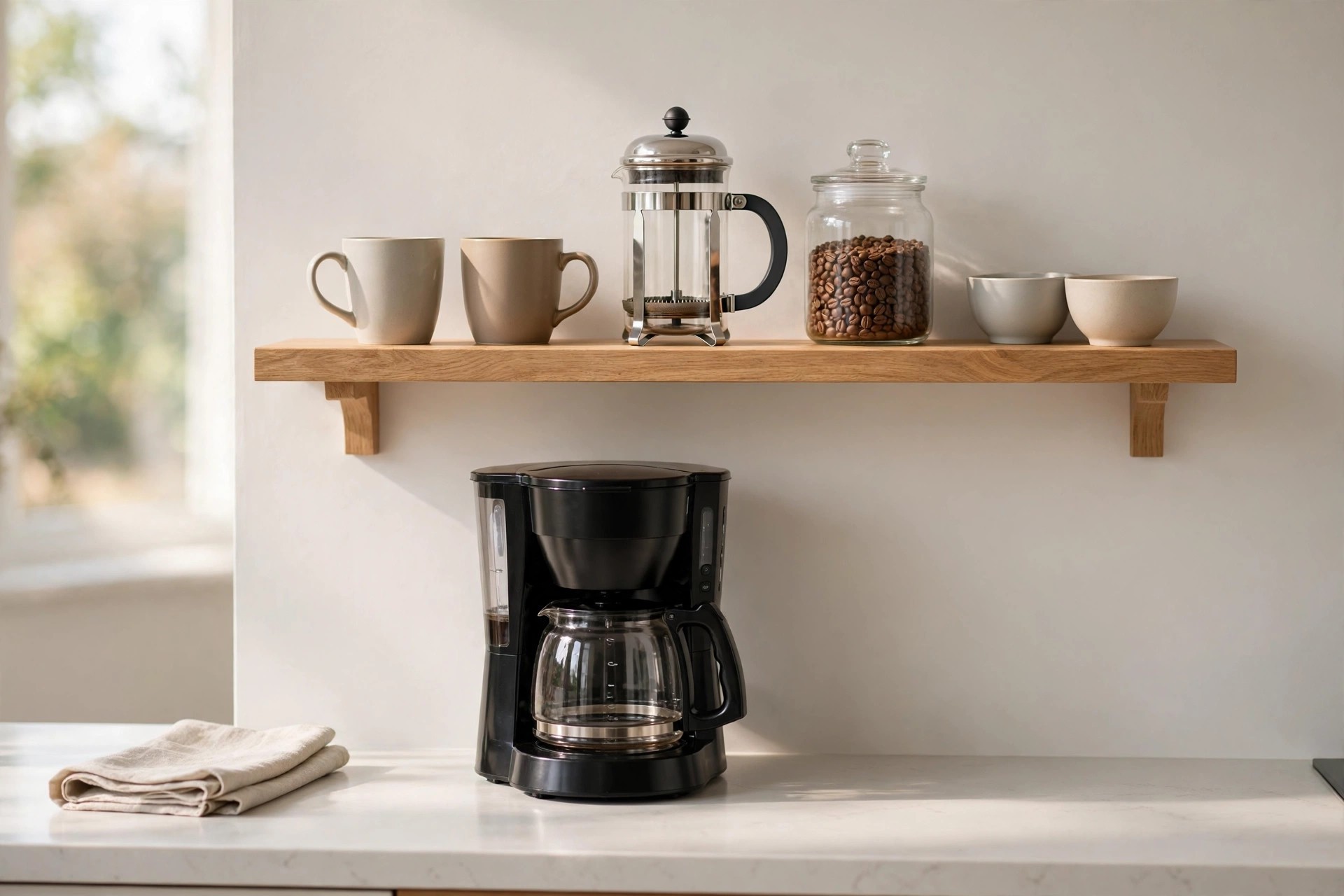 A breakfast shelf with two mugs, a glass French press, a jar of coffee beans and two small bowls on one wood shelf above a drip coffee maker