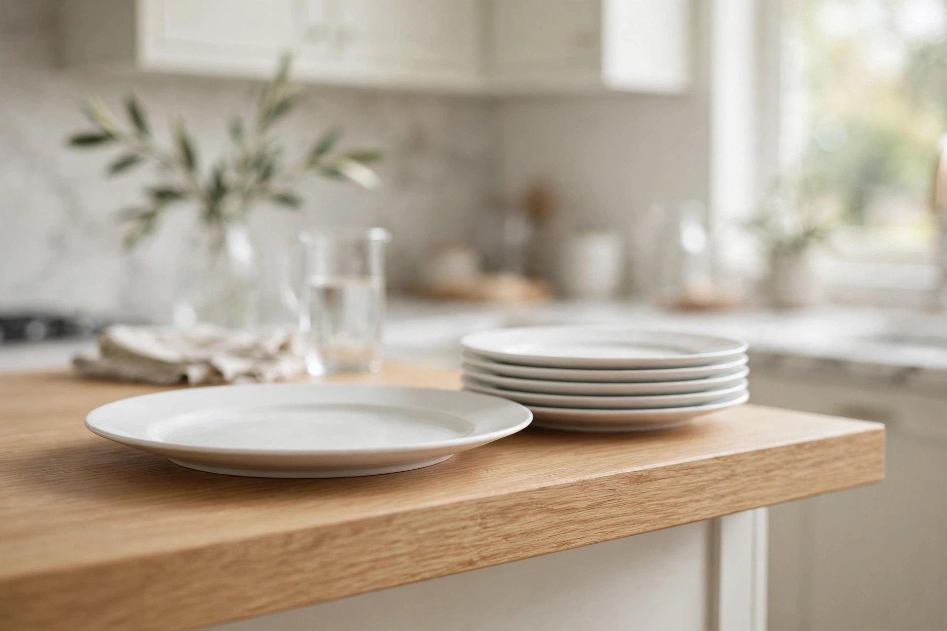 A large white dinner plate sitting fully on a smooth oak shelf with shelf surface to spare in front of it, beside a neat stack of matching plates