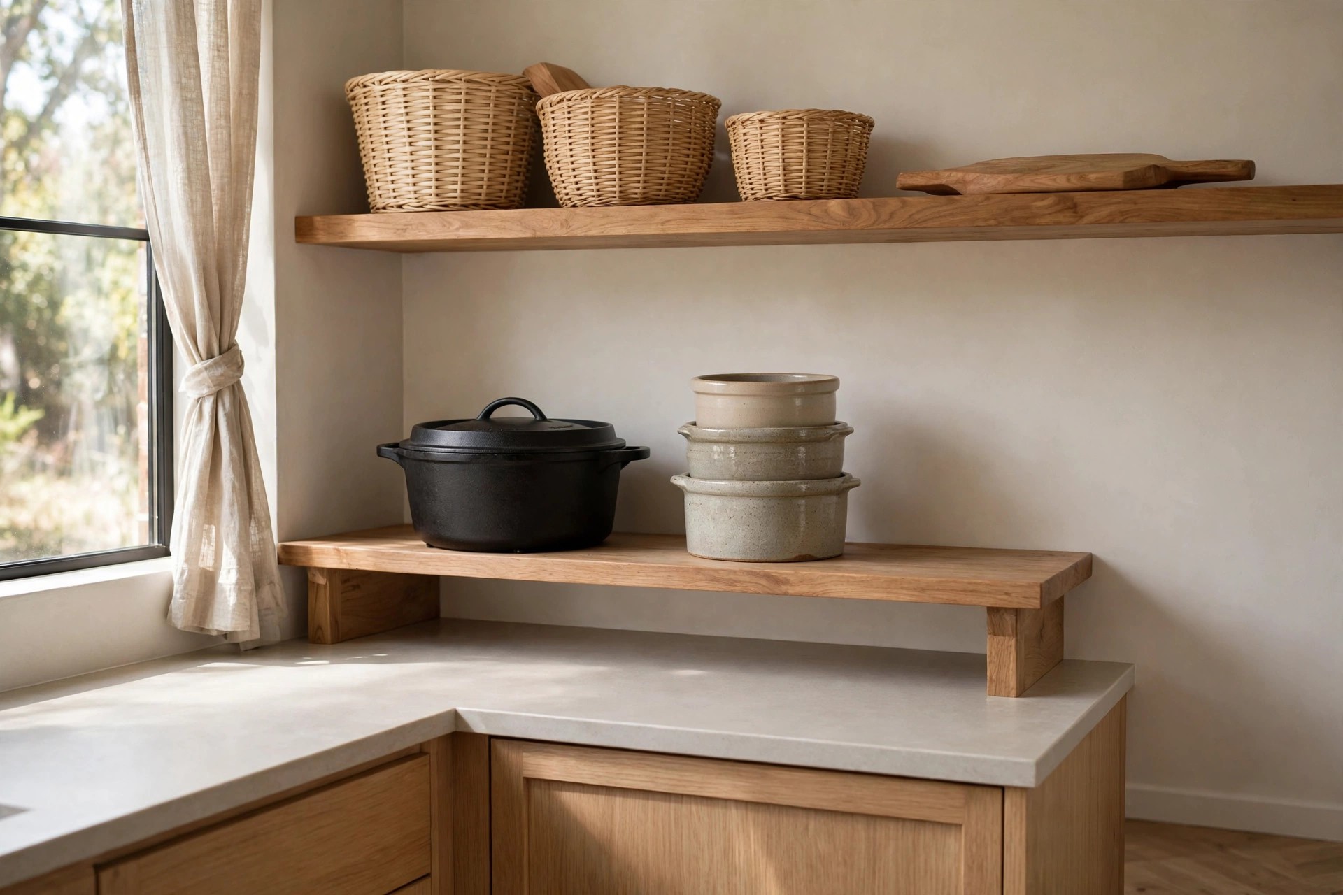 A black cast iron pot and stacked stoneware crocks on a low wood shelf at counter height, with light woven baskets and a wooden serving board on the shelf above