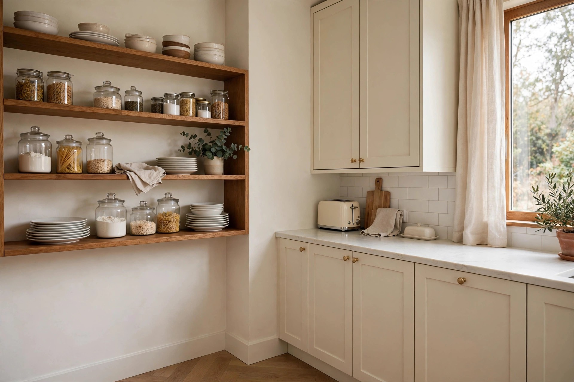A kitchen corner with oak open shelves full of jars and dishes on one wall and closed cream cabinets with a toaster under them on the adjoining wall