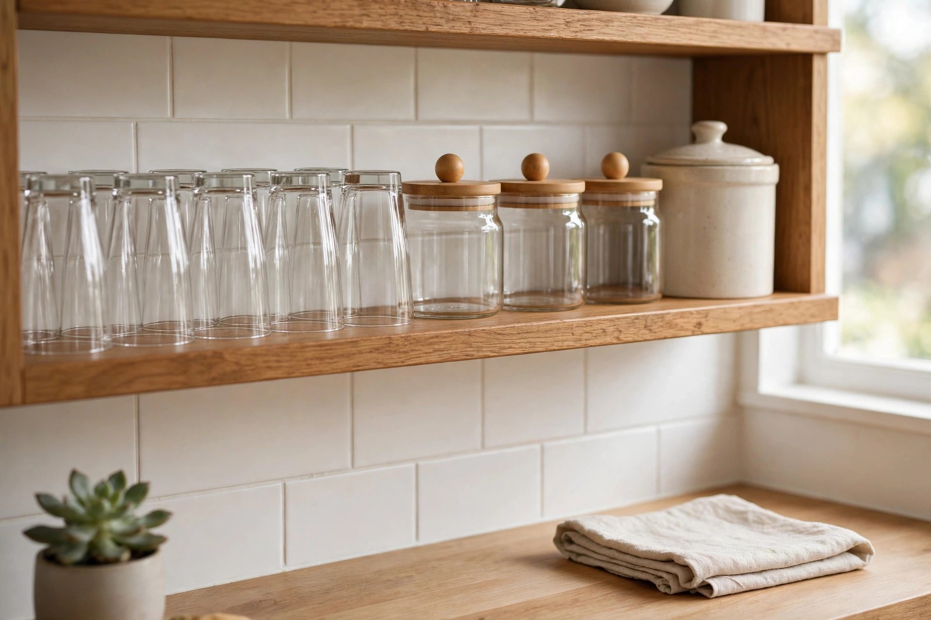 A row of drinking glasses stored upside down on an oak shelf beside lidded glass jars and a lidded ceramic crock, with a folded cloth on the wood counter below