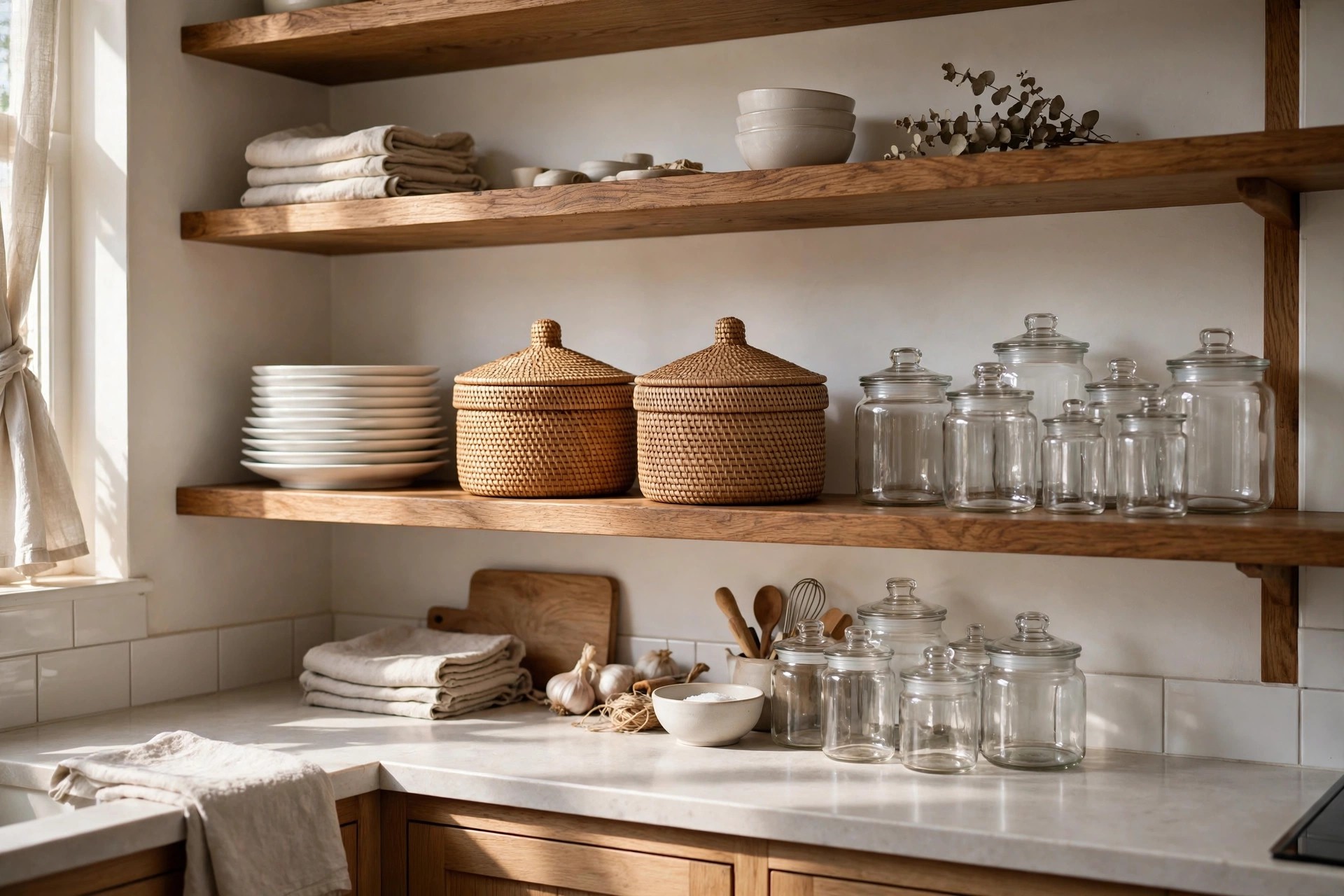 Two woven lidded baskets sitting between a stack of white plates and clear glass jars on oak open shelves above a tidy kitchen counter