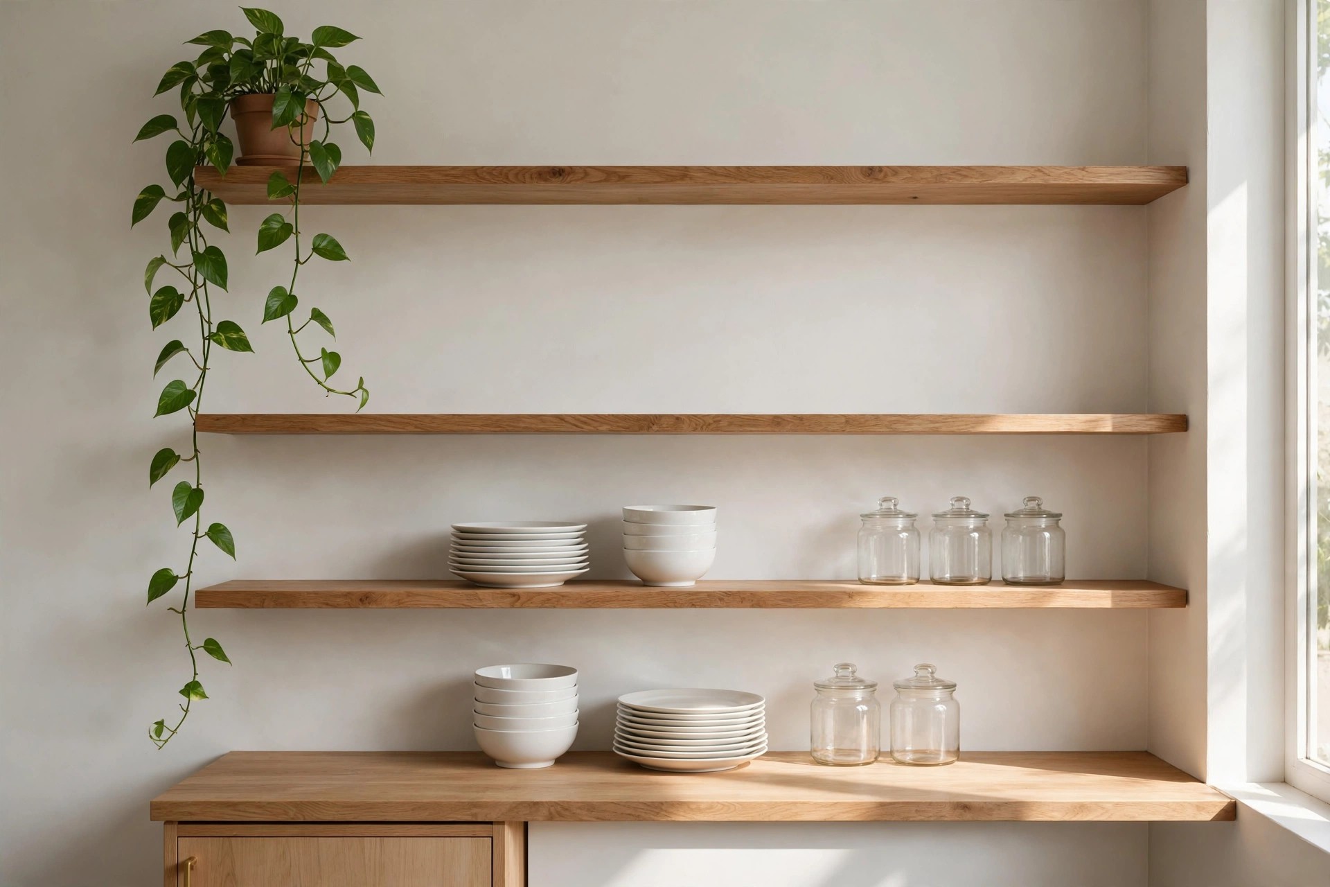 A trailing pothos plant alone at one end of the top oak shelf, with lower shelves holding stacks of white plates and bowls and glass jars, and one long empty shelf between