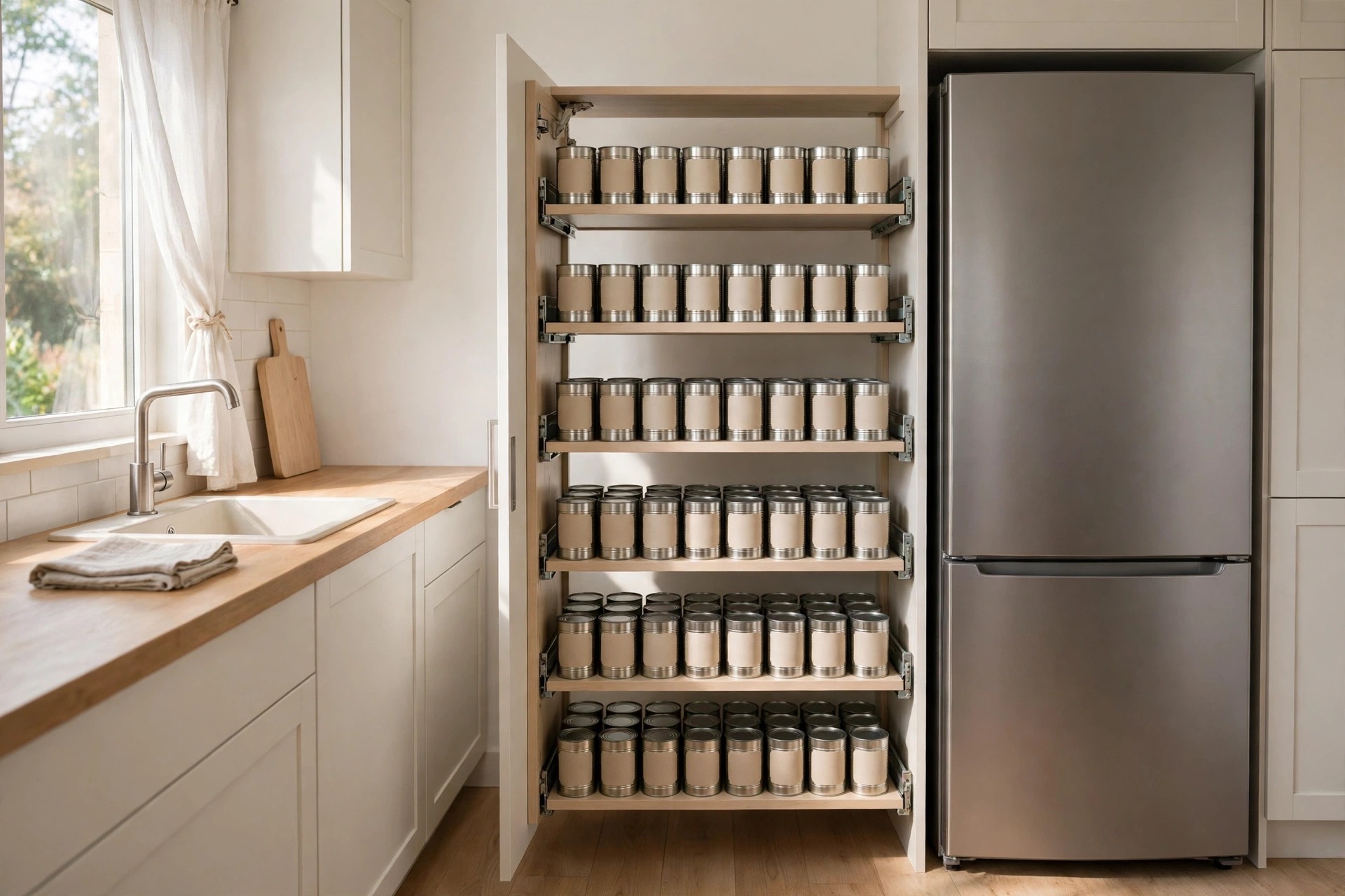 Tall pull out shelves beside a fridge filled with neat rows of cans with blank labels