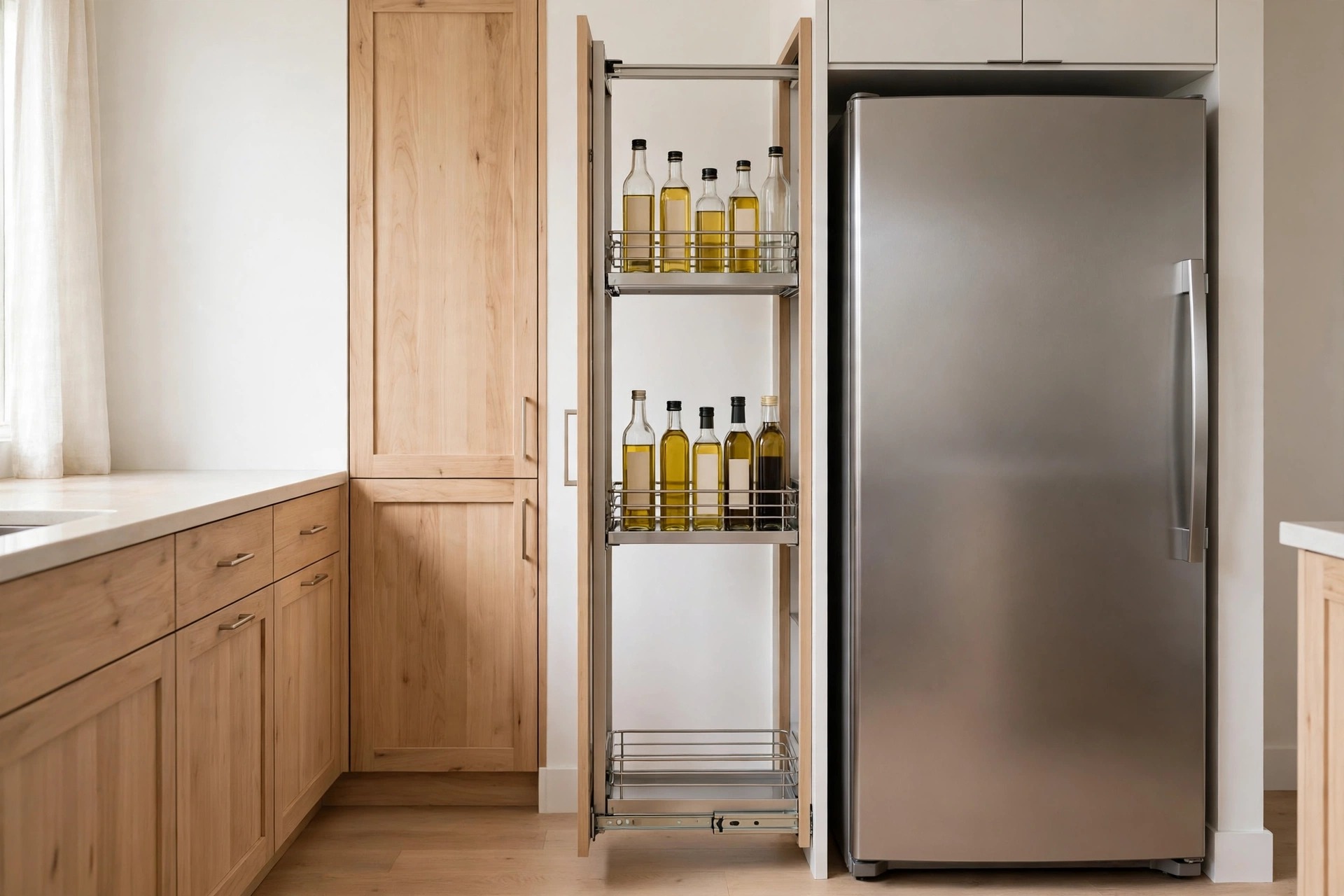 Tall narrow pull out unit beside a closed fridge holding oil and vinegar bottles with blank labels behind wire rails