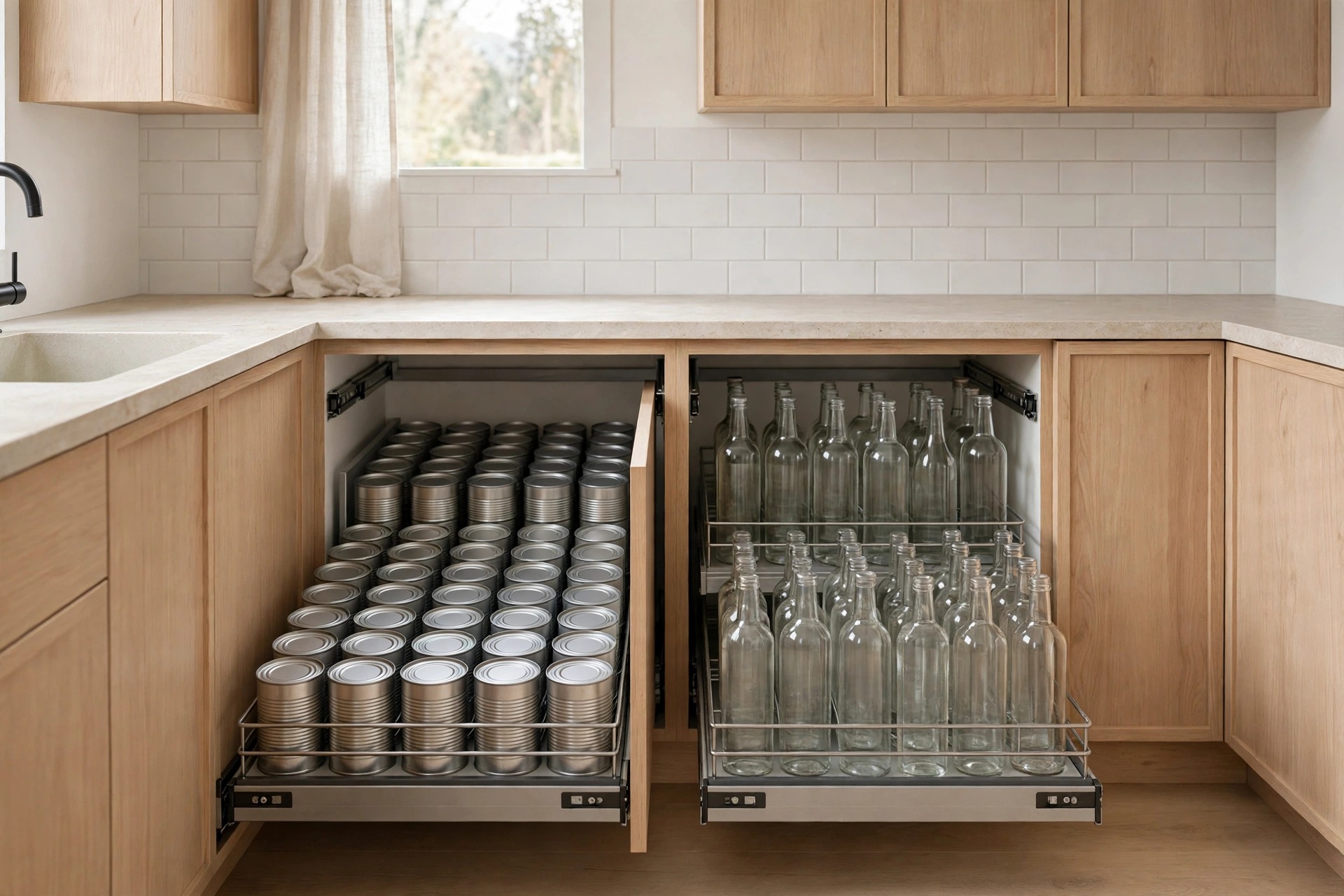 Two pull out drawers side by side, one filled with cans and one with clear empty bottles, neatly sorted