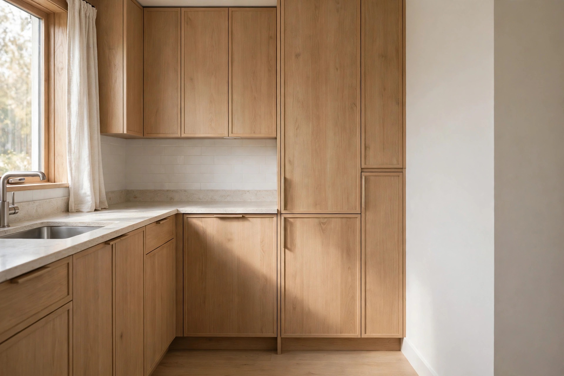 Closed light wood kitchen cabinets with a narrow matching panel cabinet on the right that blends in with the run