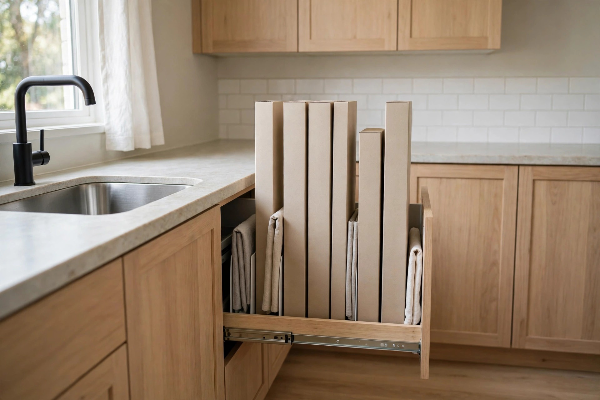 Narrow pull out beside a sink holding tall blank wrap boxes upright with folded cloths between them