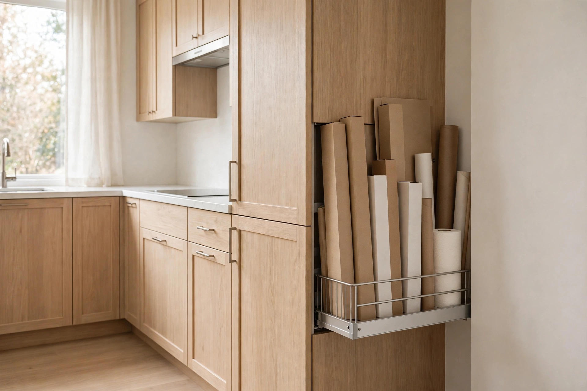 Slim pull out in the end gap beside tall cabinets holding upright blank wrap boxes and paper rolls behind a wire rail