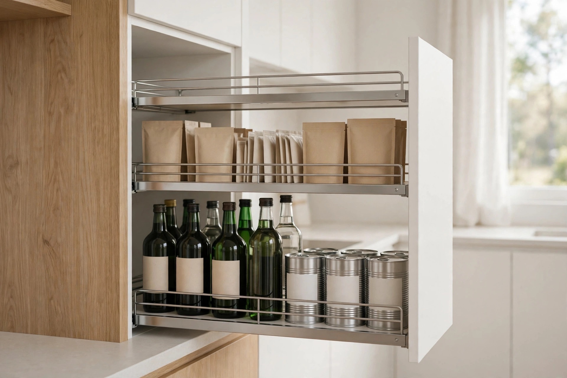 Pull out shelves with metal guard rails, heavy bottles and cans with blank labels on the bottom shelf and light packets above