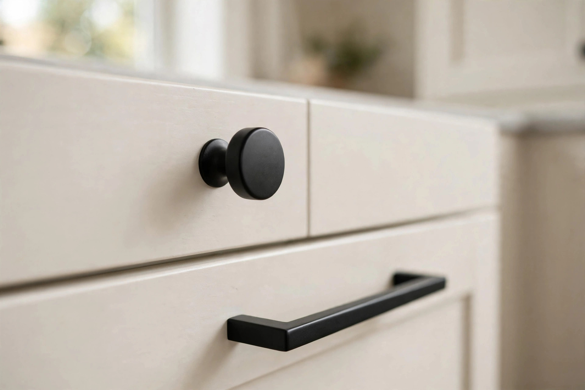 Close-up of a new matte black knob and drawer pull fitted on warm white kitchen drawers