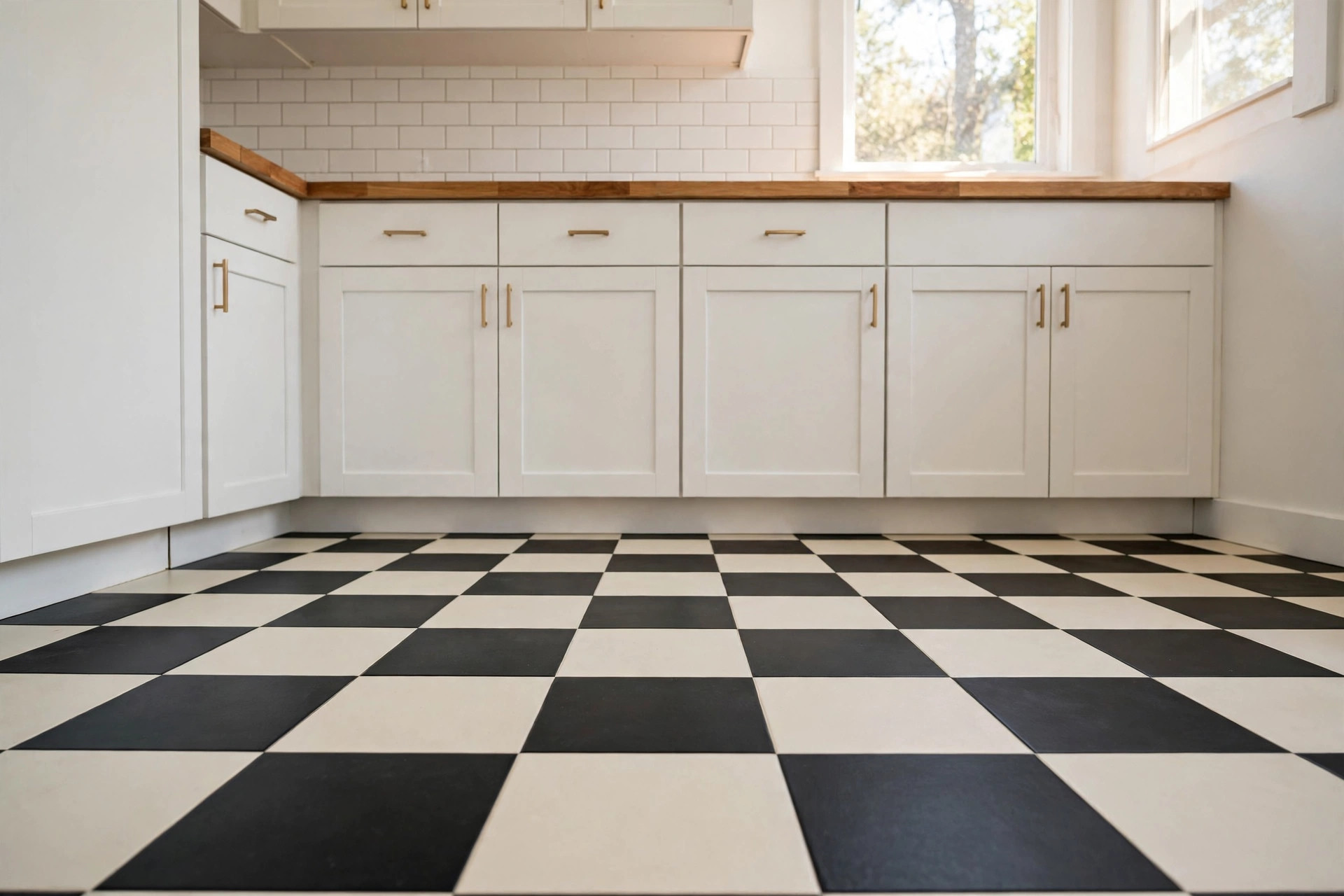 Black and cream checkerboard vinyl tile floor in a small white kitchen with wooden countertops