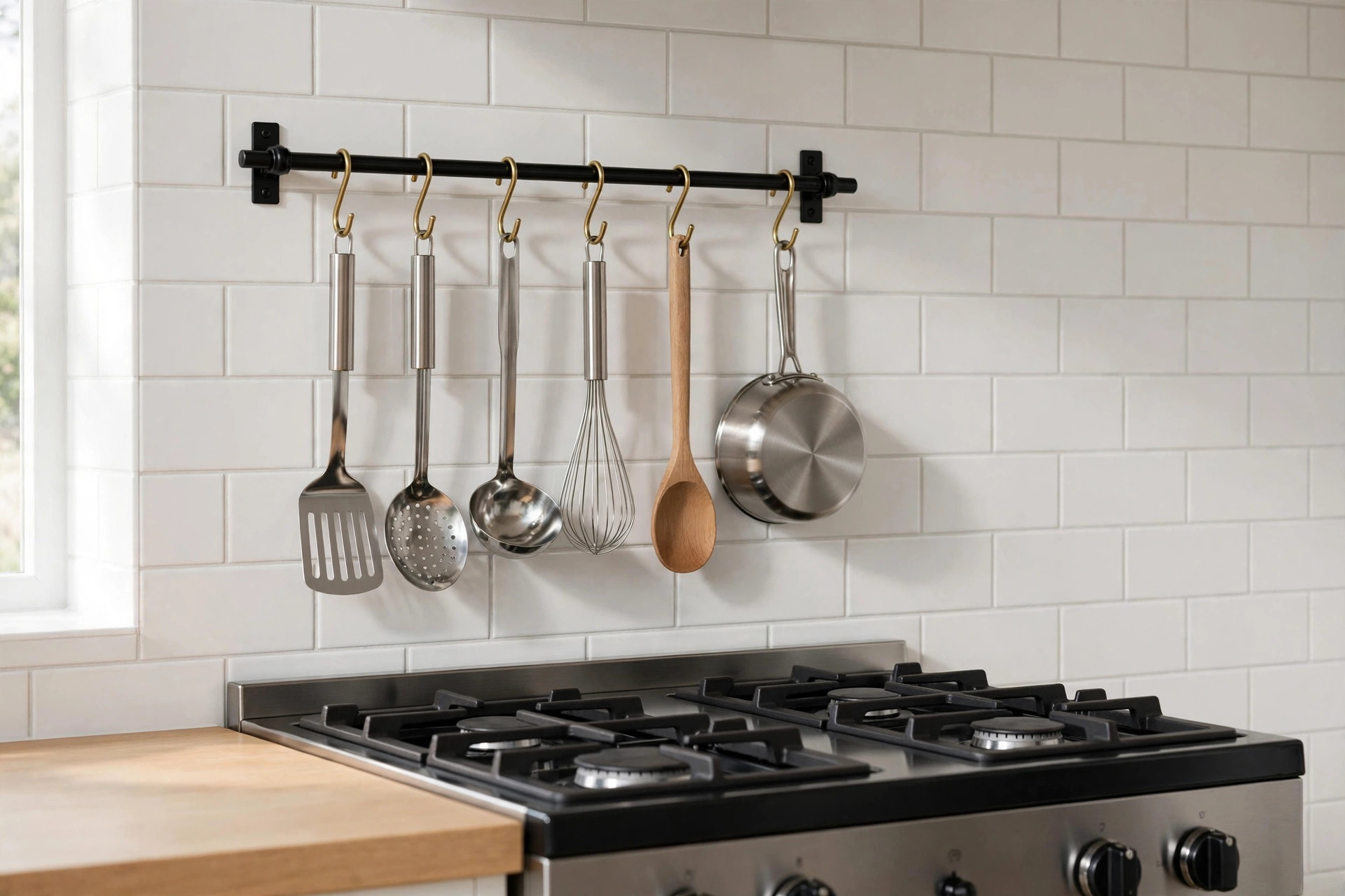 Black wall rail with brass hooks holding utensils and a small pan above a stove