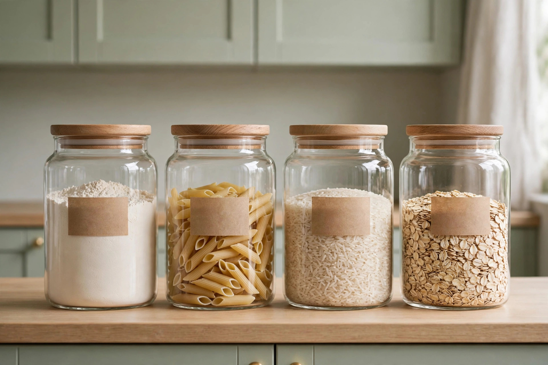 Four matching glass jars with wooden lids filled with flour, penne pasta, rice and oats on a counter