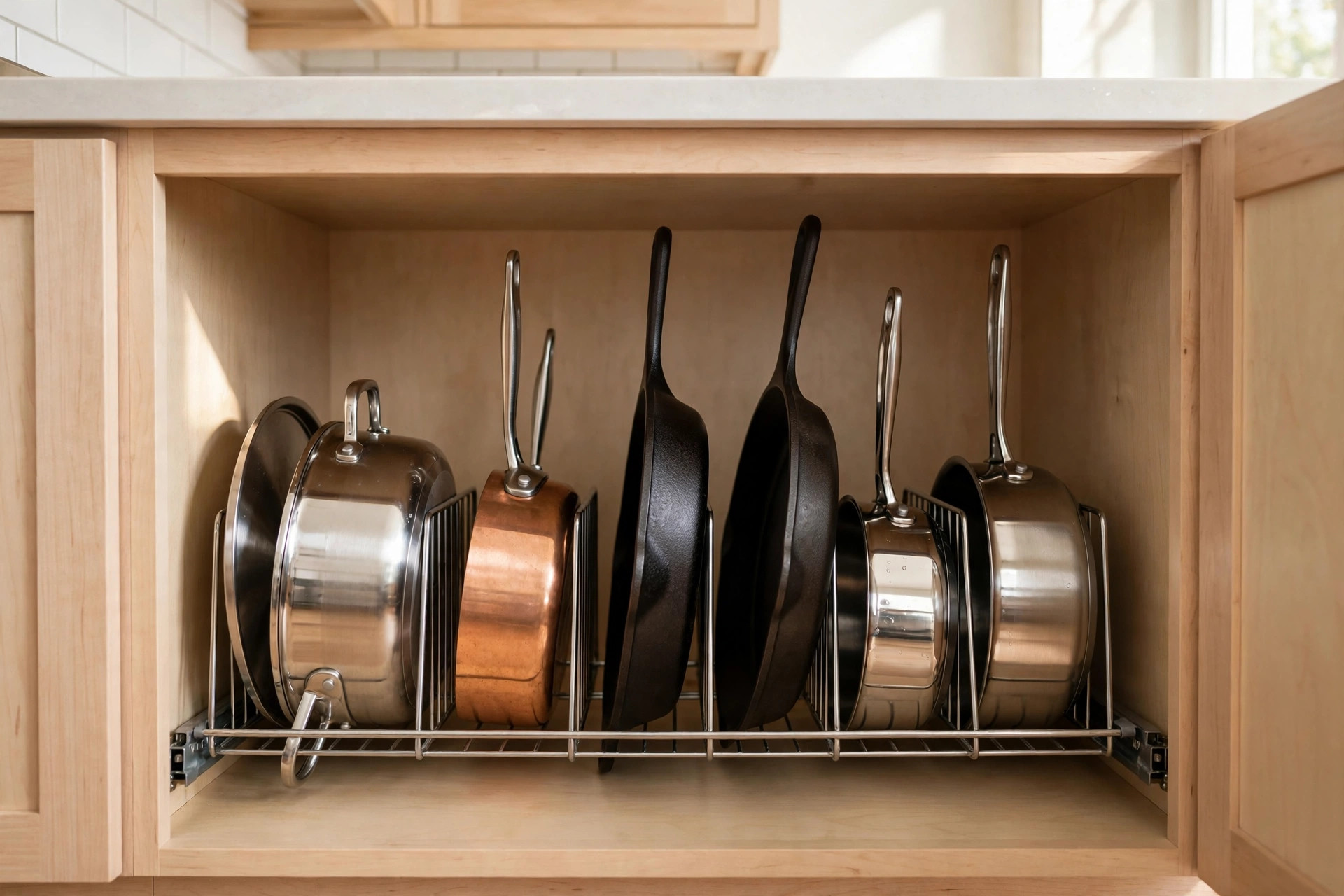 Pots, saucepans and cast iron skillets filed upright on their edges in a pull-out divider rack inside a light wood base cabinet