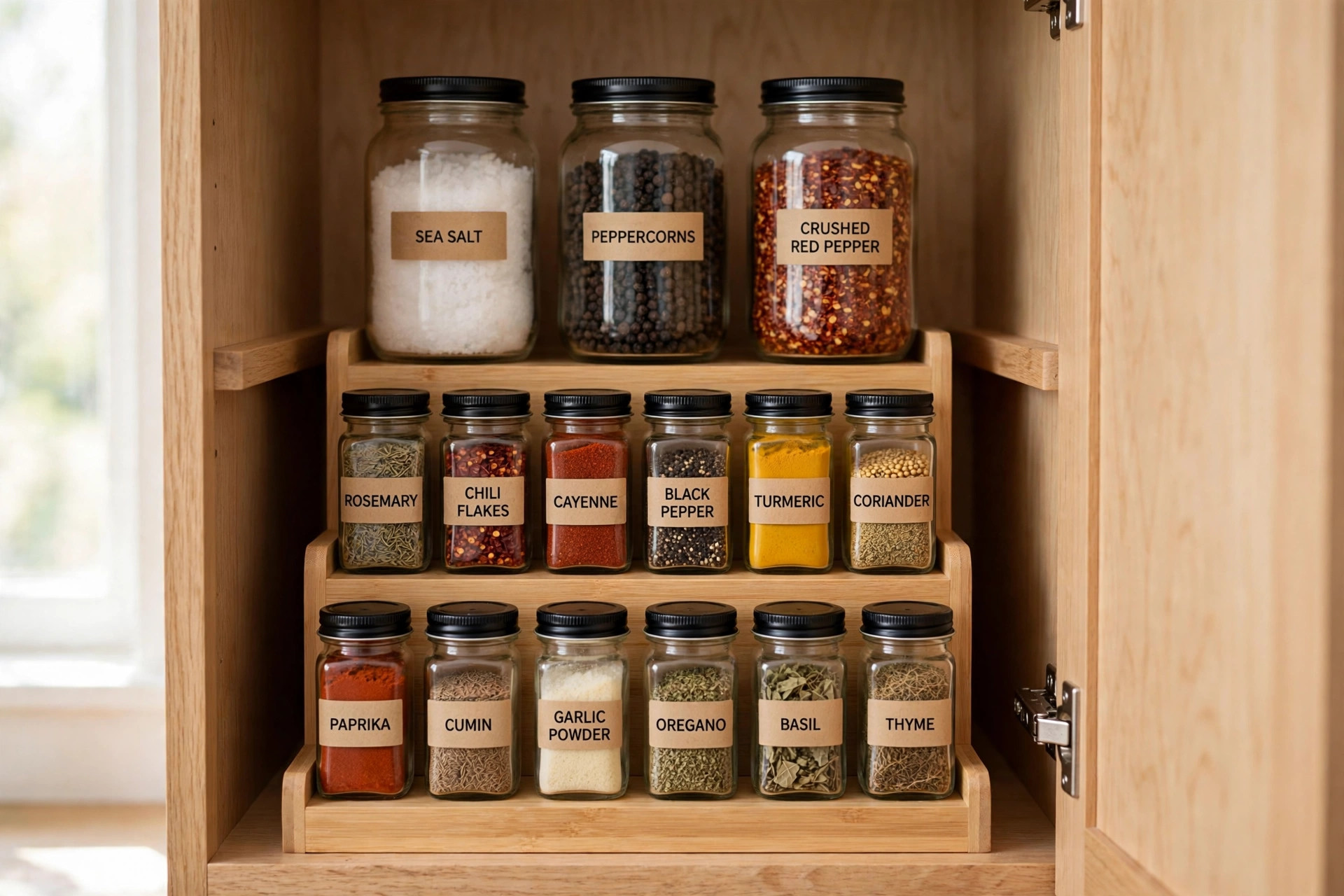 Spice jars with printed labels arranged on a three-tier wooden riser inside a kitchen cabinet, every jar visible