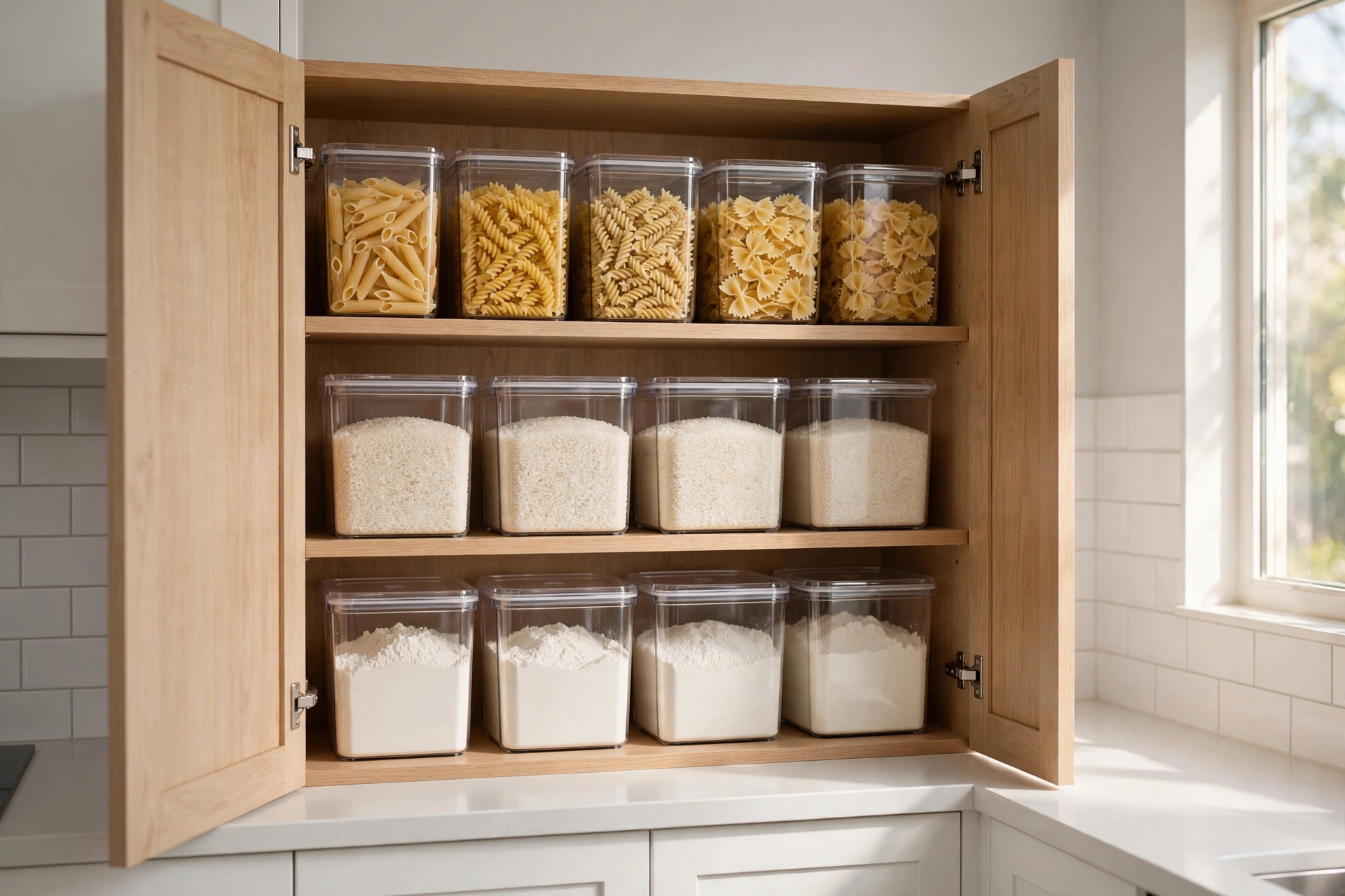 Open wooden cabinet with square clear containers of penne, fusilli, rice and flour stacked neatly on three shelves