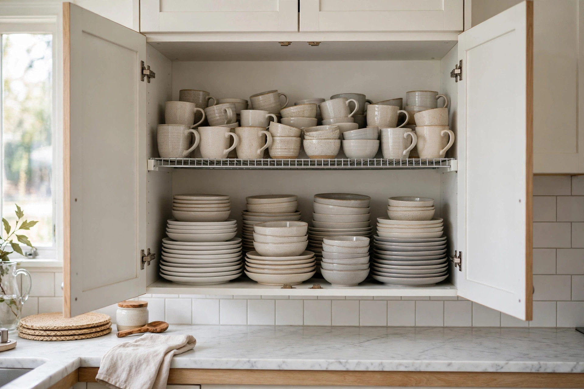 Open cabinet with ceramic mugs on a wire riser shelf above stacks of plates and bowls