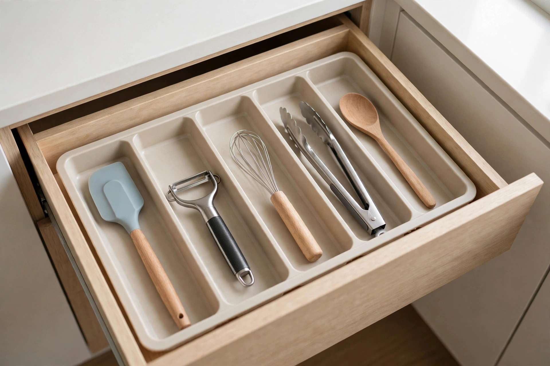 Open kitchen drawer with a divided tray holding one spatula, one peeler, one whisk, tongs and a wooden spoon