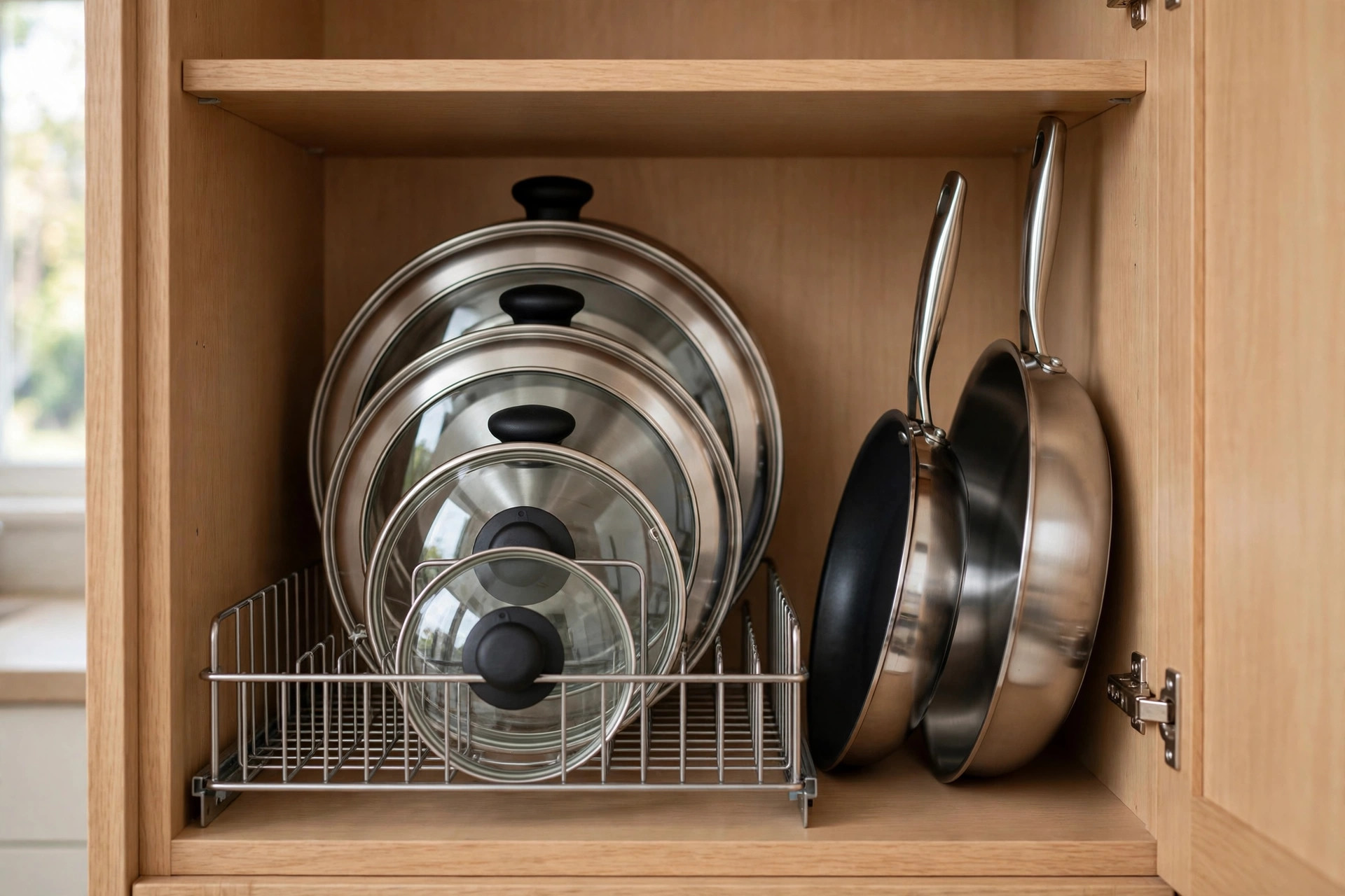 Glass and metal pot lids stored in a neat row in a wire rack inside a cabinet, next to two upright pans