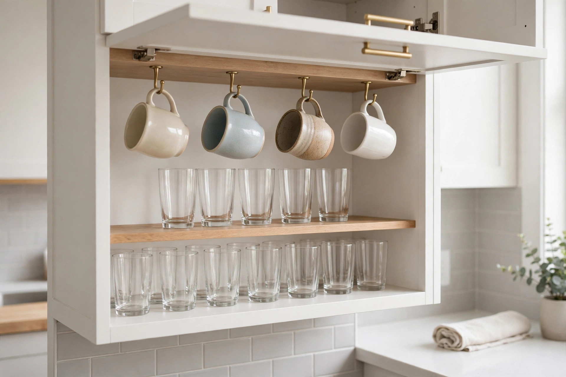 Four mugs hanging from brass hooks under a cabinet shelf, with rows of clear drinking glasses on the shelves below