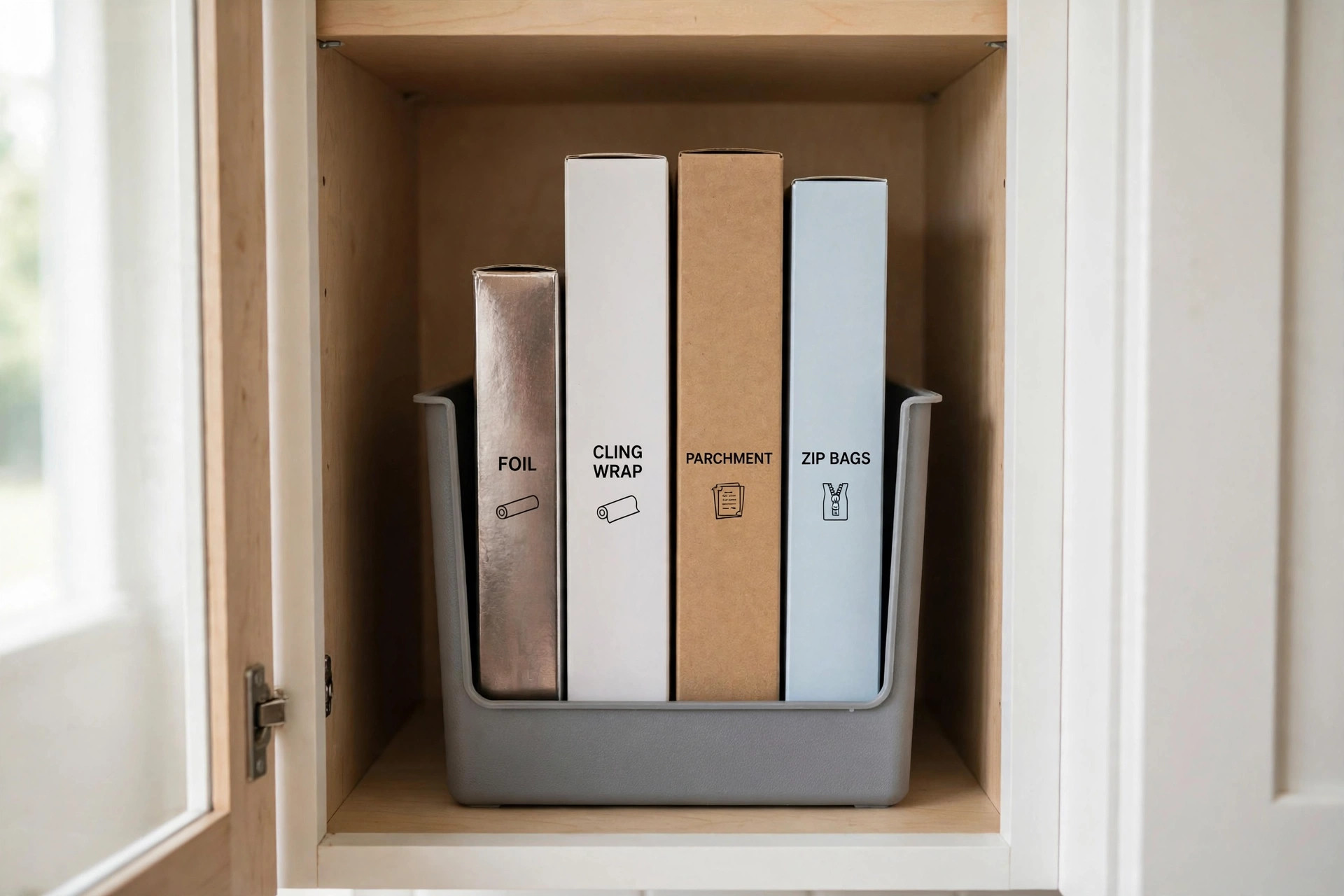 Foil, cling wrap, parchment and zip bag boxes standing upright together in a gray bin inside a cabinet