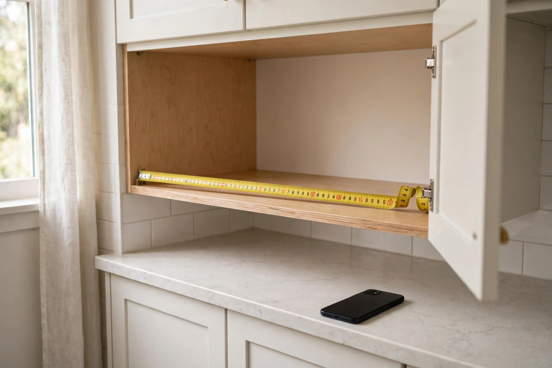 Yellow measuring tape stretched across the shelf of an empty open kitchen cabinet, with a smartphone on the counter below