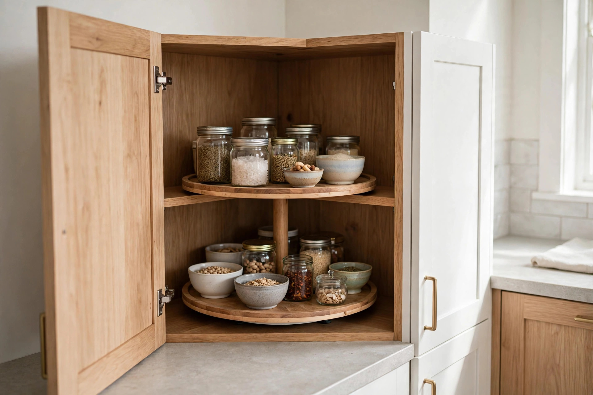 Open corner cabinet with a two-tier wooden lazy susan holding jars of grains and small bowls