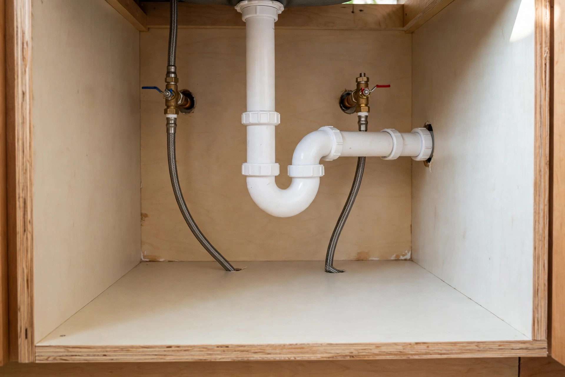 Empty under-sink cabinet showing a white drain trap, water lines and shutoff valves against a clean cabinet floor