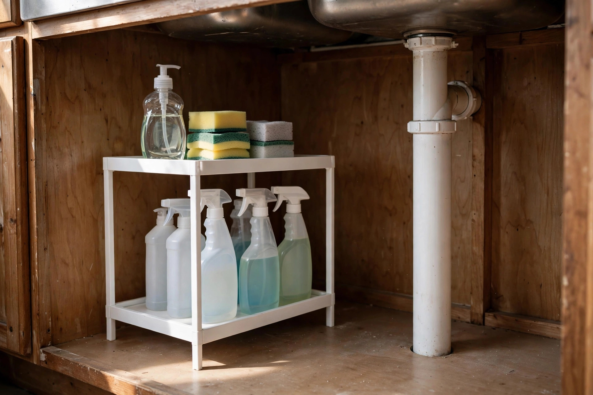 Two-tier white riser shelf beside a drain pipe holding dish soap and sponges on top and spray bottles below