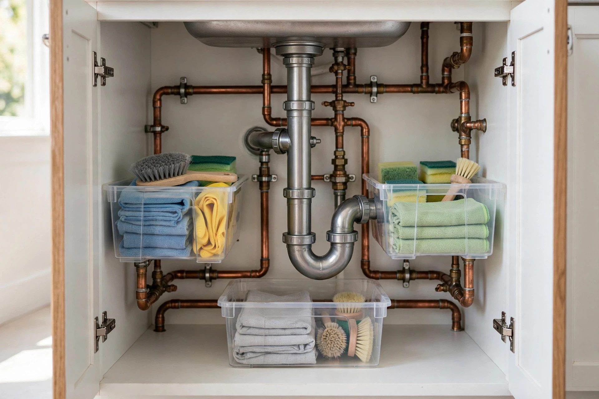 Clear plastic bins with folded cloths and brushes arranged around a central drain pipe under a sink