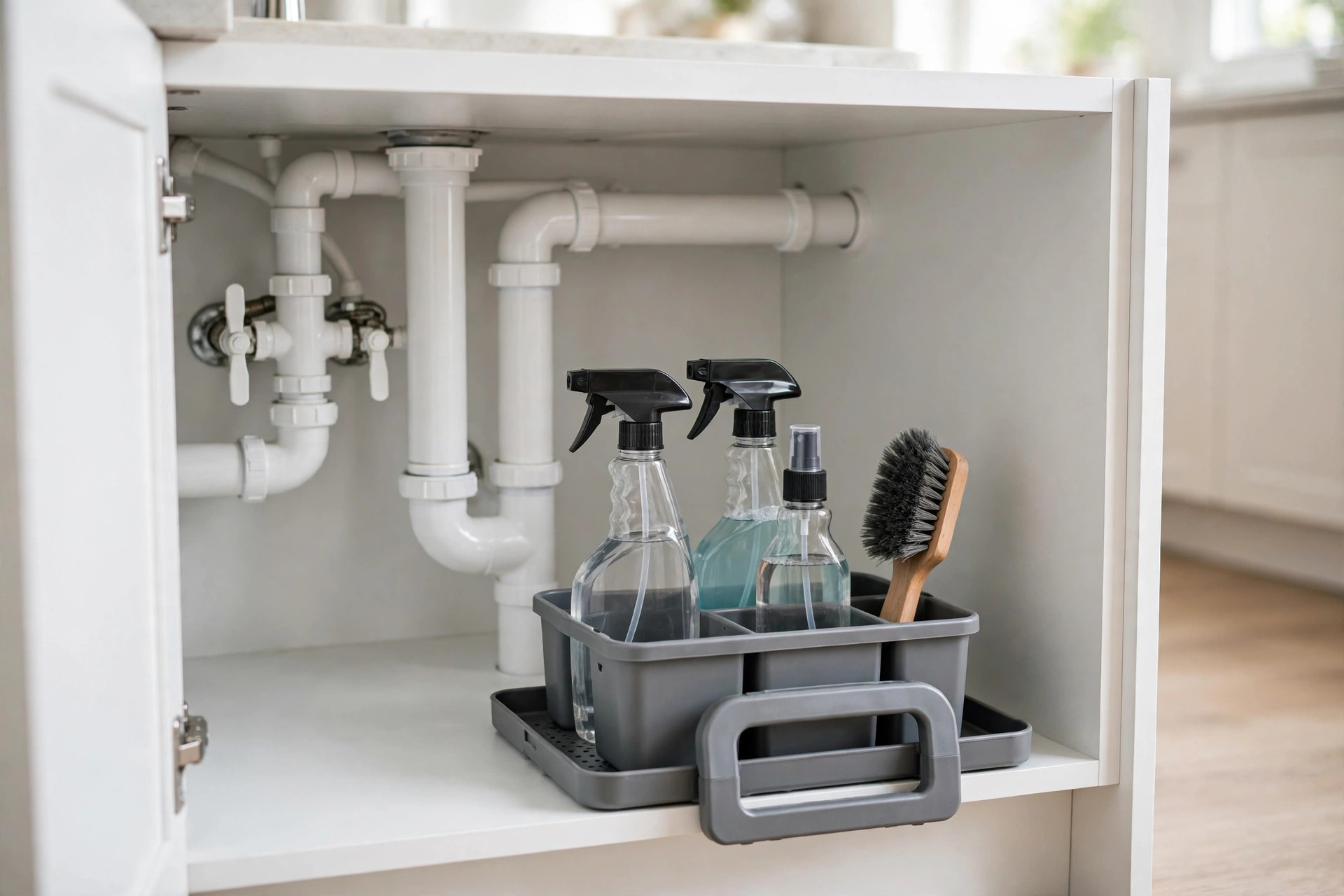 Gray handled cleaning caddy with spray bottles and a scrub brush at the front of an under-sink cabinet