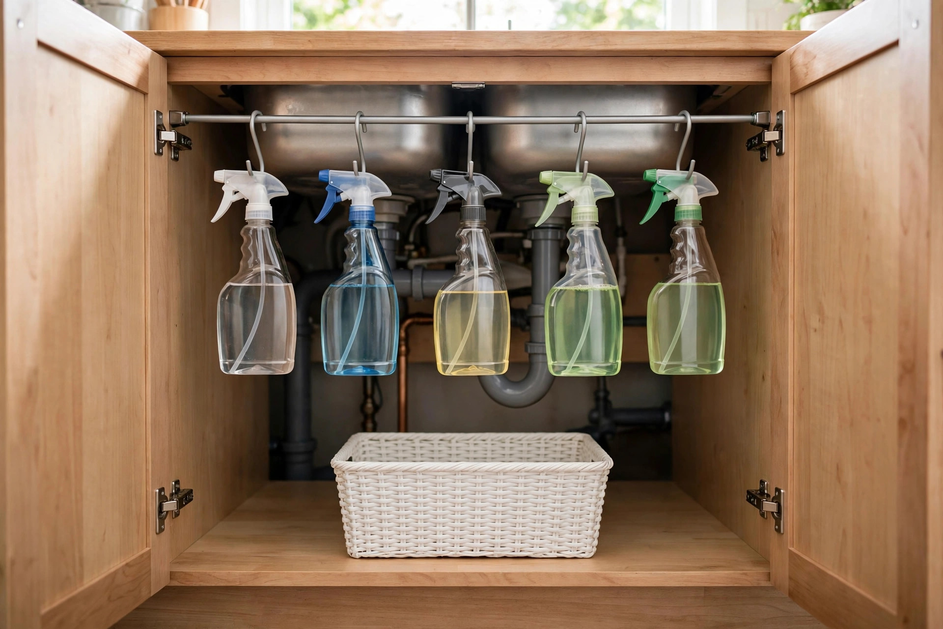 Spray bottles hanging from a metal rod across the top of an under-sink cabinet above a white basket