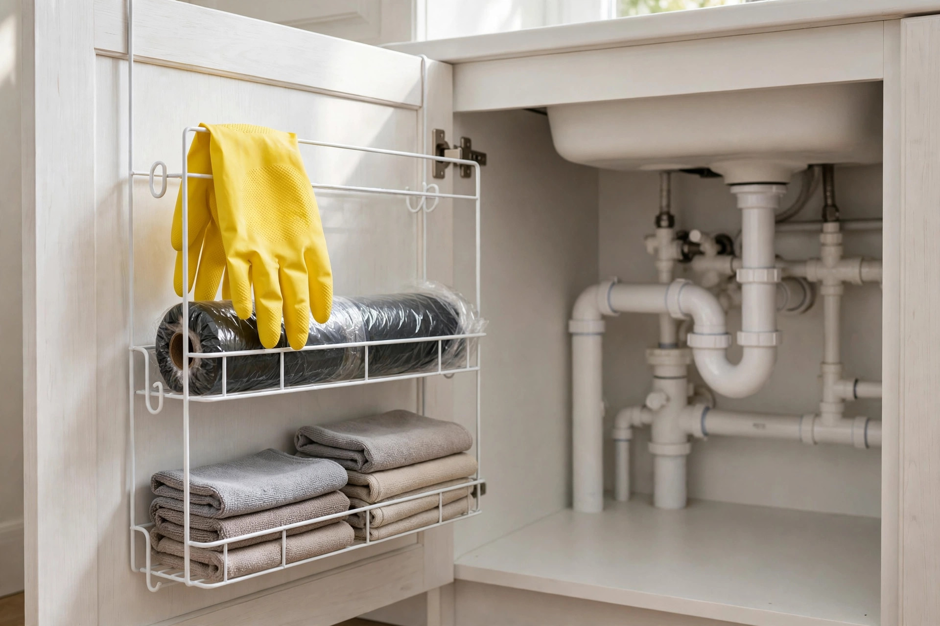 Wire rack on the inside of a sink cabinet door holding yellow gloves, a roll of trash bags and folded cloths