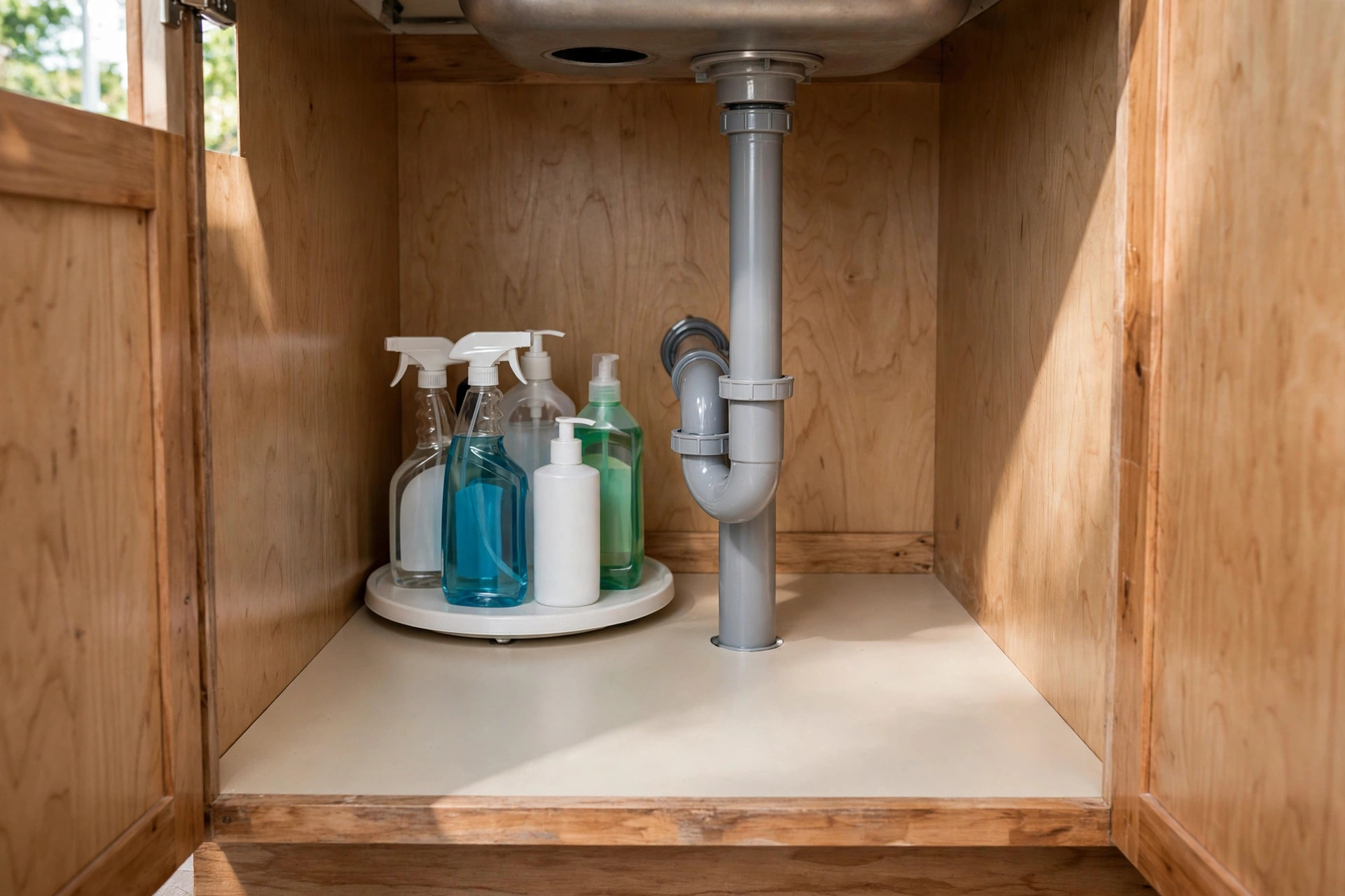 White turntable with cleaning bottles in the corner of a wooden under-sink cabinet beside a gray drain pipe