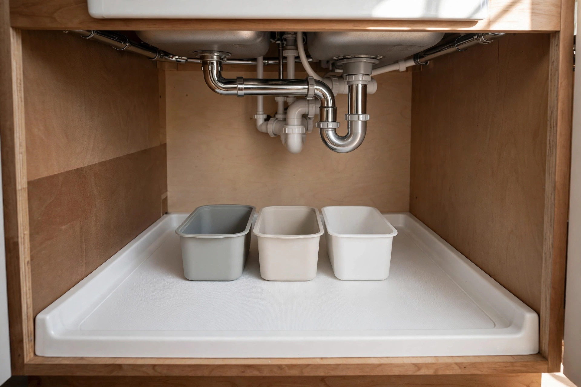 White waterproof drip tray with a raised lip lining an under-sink cabinet floor with three empty bins on top