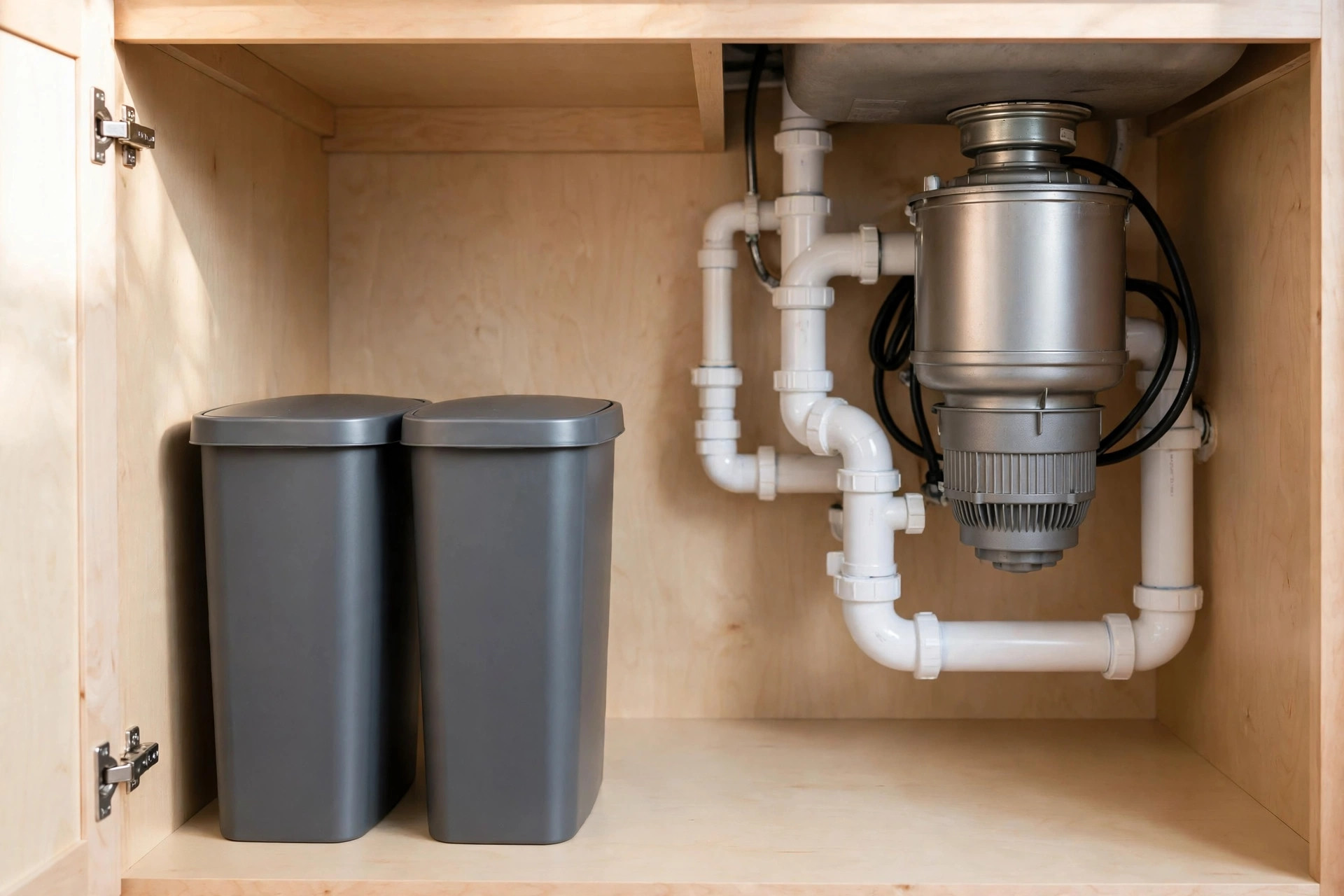 Two slim gray lidded trash cans side by side next to a garbage disposal and white pipes under a sink