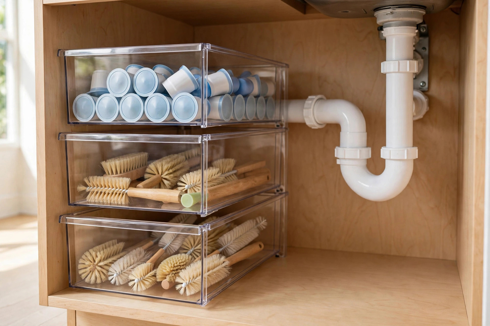 Stack of three clear drawers holding pods and bottle brushes on one side of an under-sink cabinet