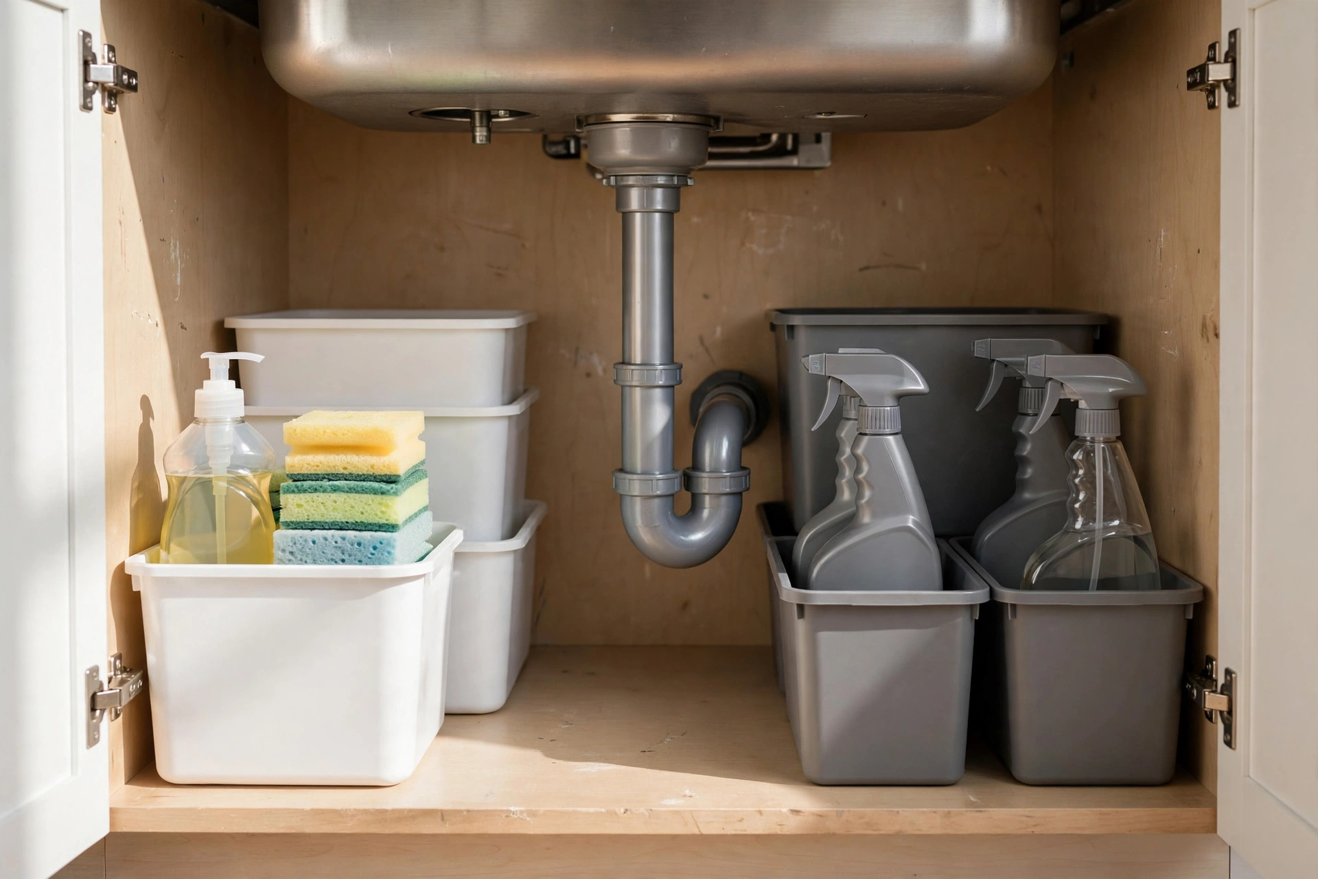 Under-sink cabinet split into a white bin zone with dish soap and sponges and a gray bin zone with spray bottles