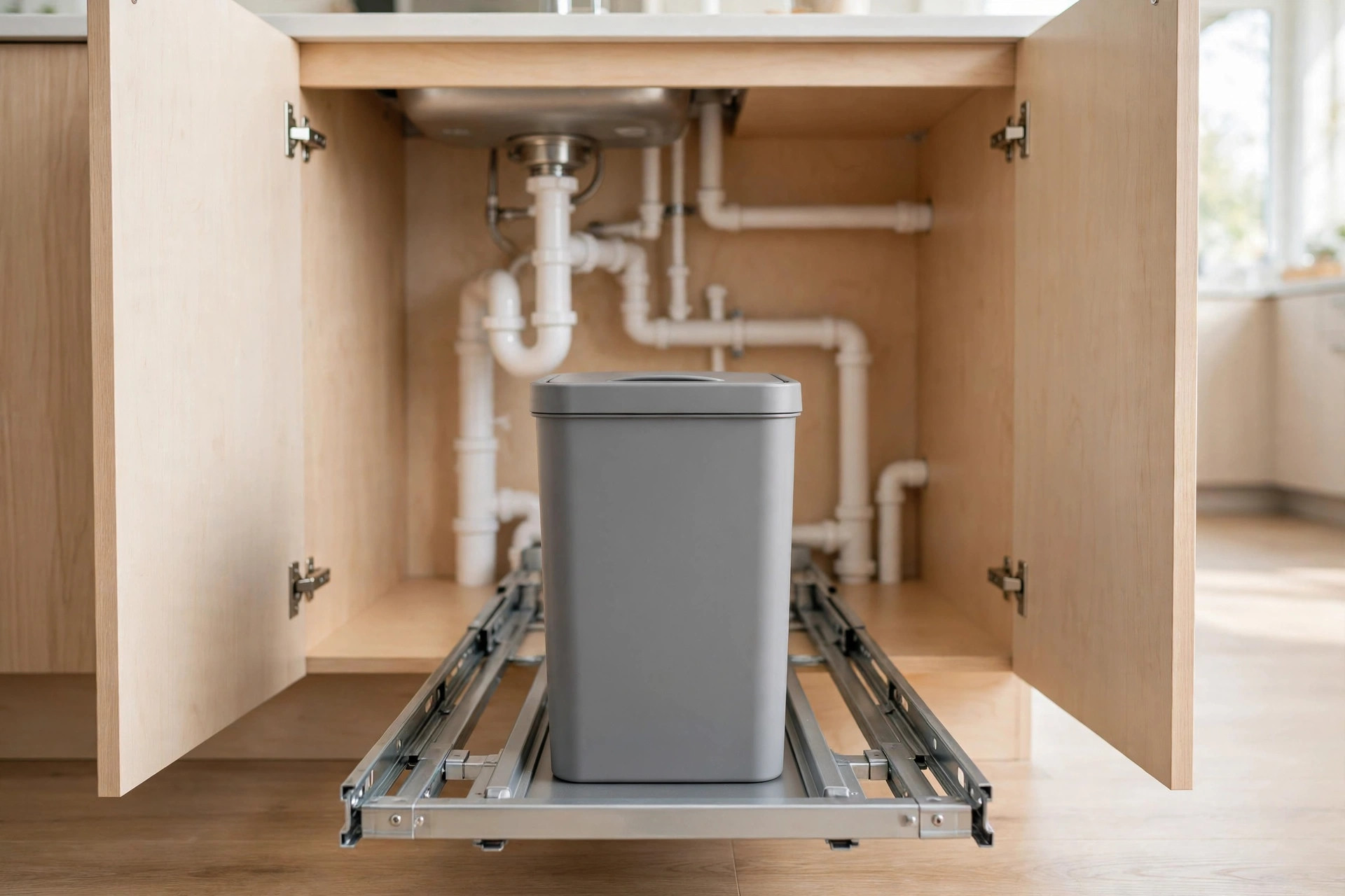 Slim gray trash can pulled out of an under-sink cabinet on a sliding metal frame