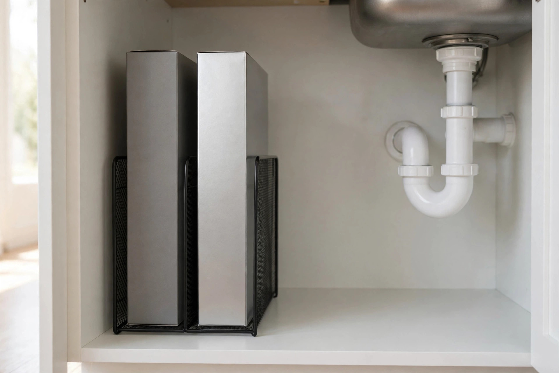 Black mesh file holders with tall flat boxes standing upright beside a white drain trap under a sink