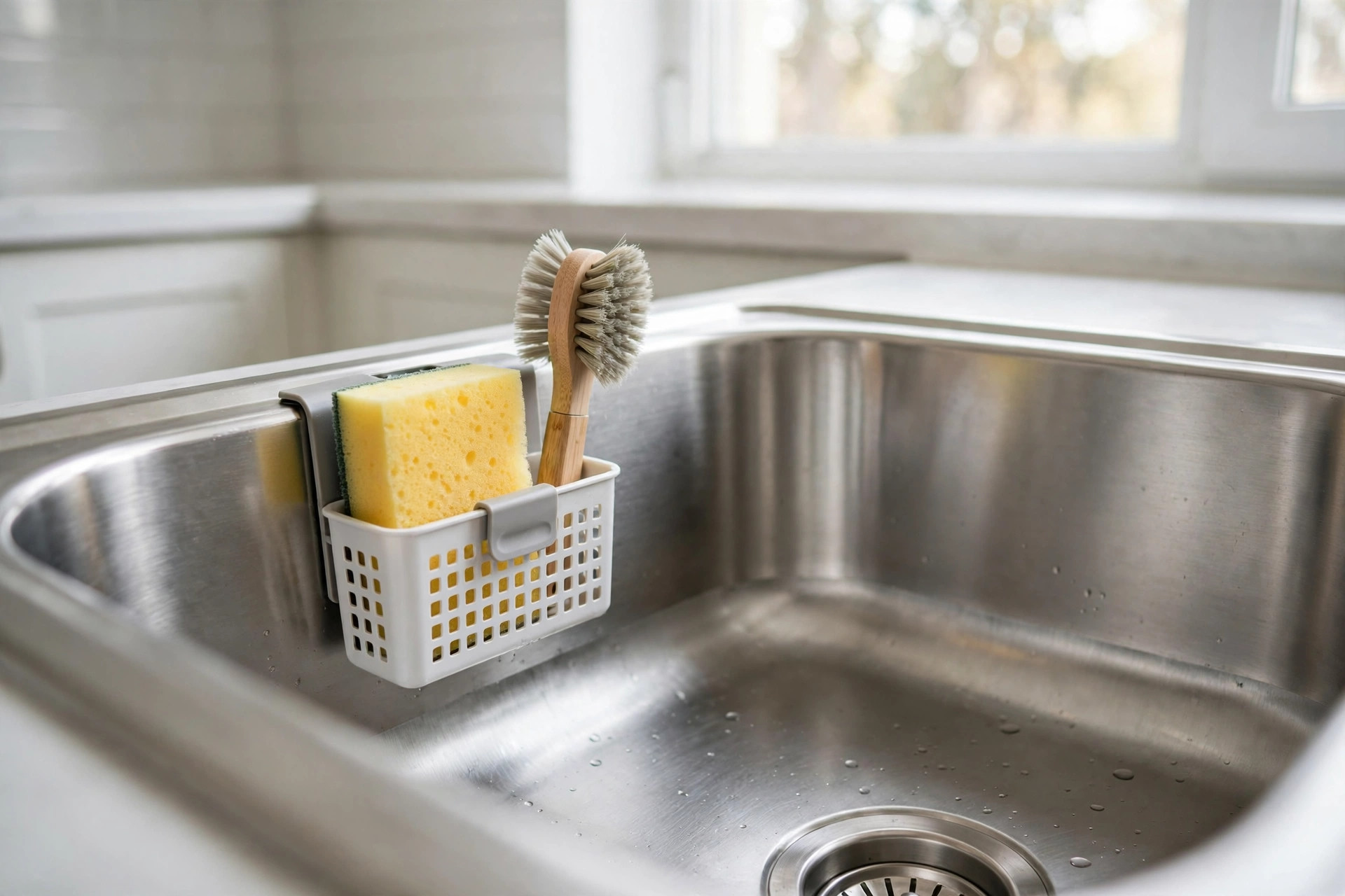 Ventilated white sponge holder clipped inside a stainless sink holding a yellow sponge and a wooden dish brush