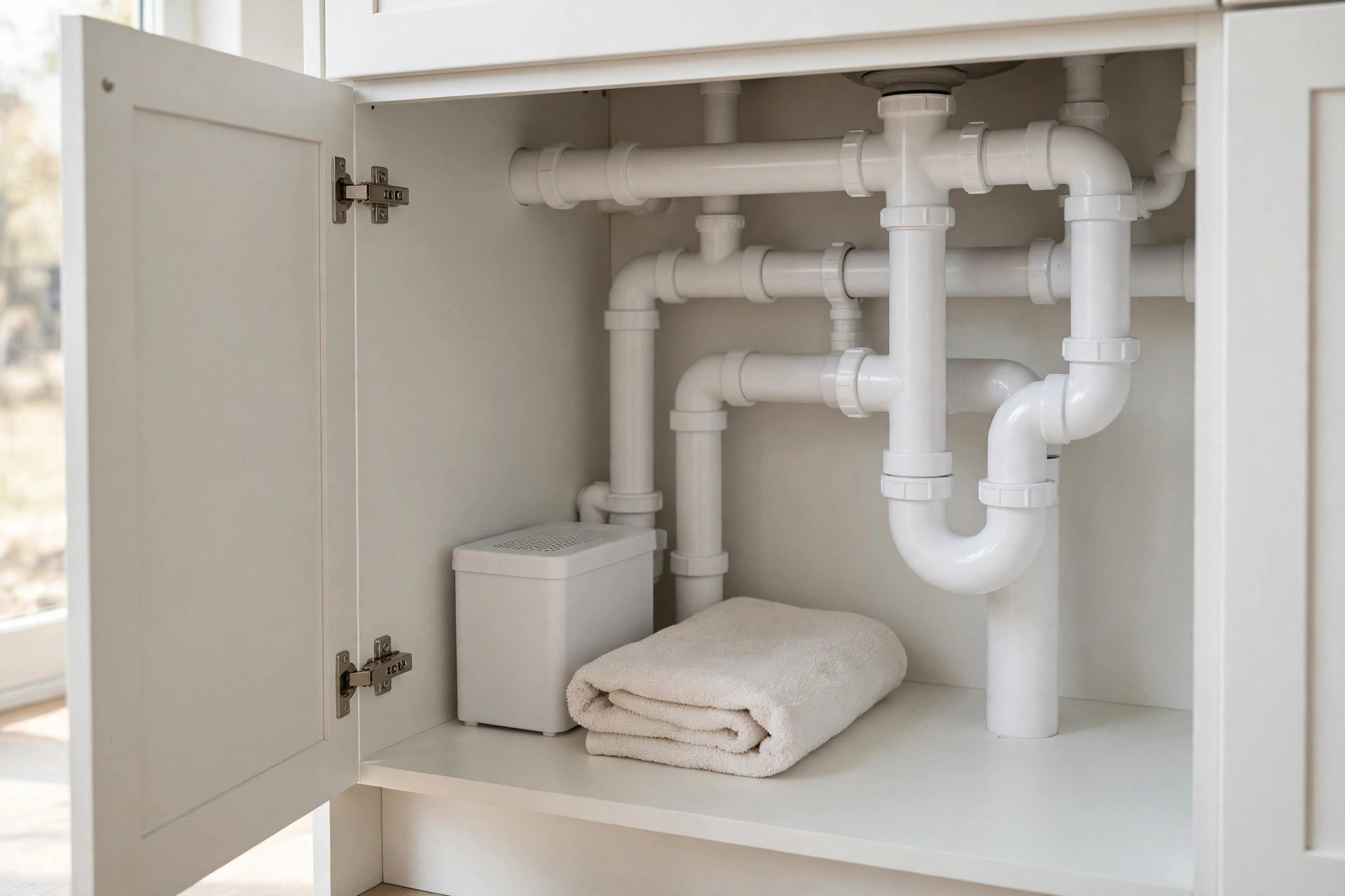 Clean dry white pipes under a sink with a small moisture absorber box and a folded towel on the cabinet floor