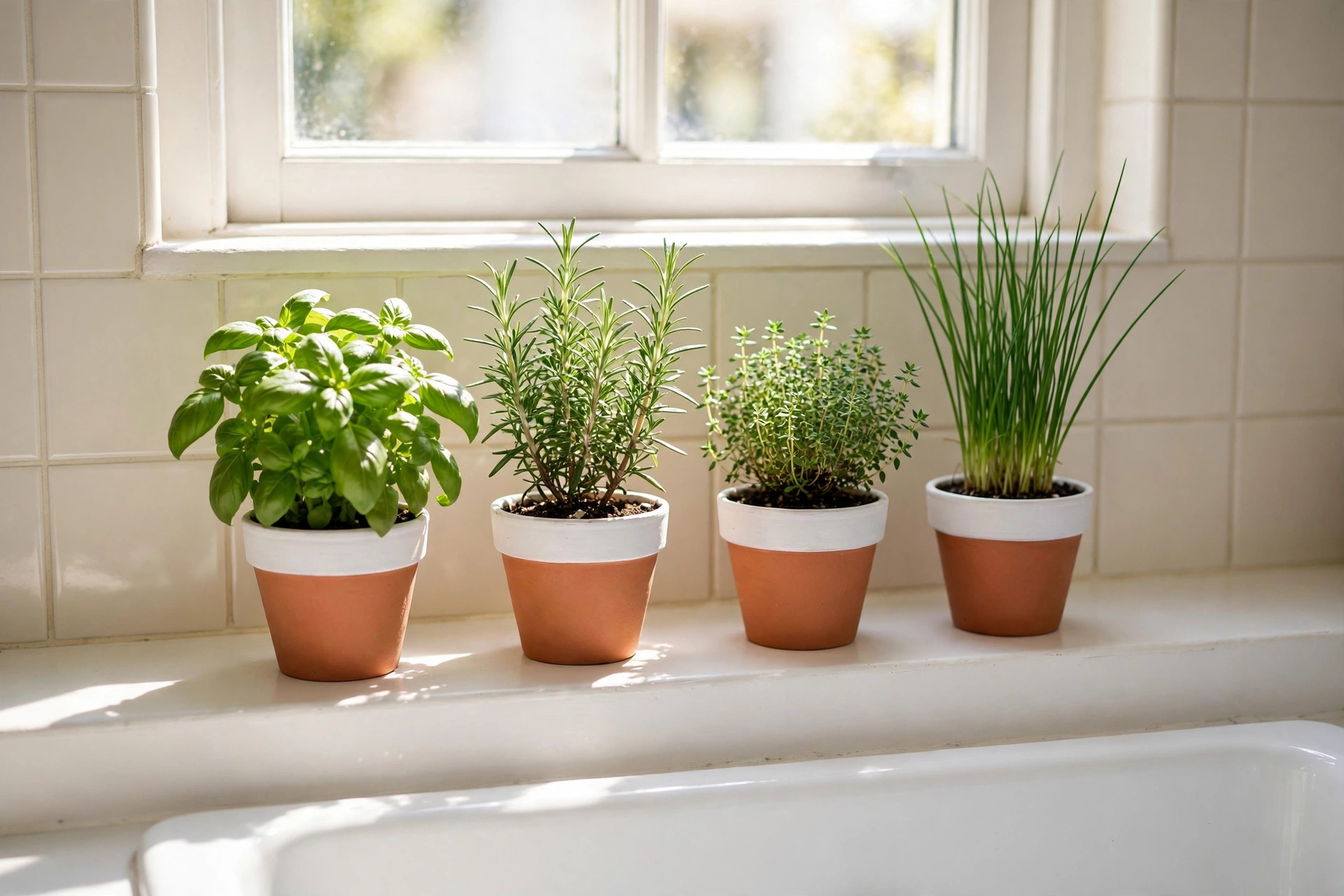 Four matching terracotta pots of basil, rosemary, thyme and chives in a row on a deep white kitchen windowsill